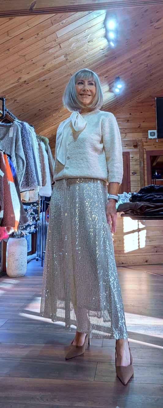 Champagne sequins on the Cher fully lined skirt.