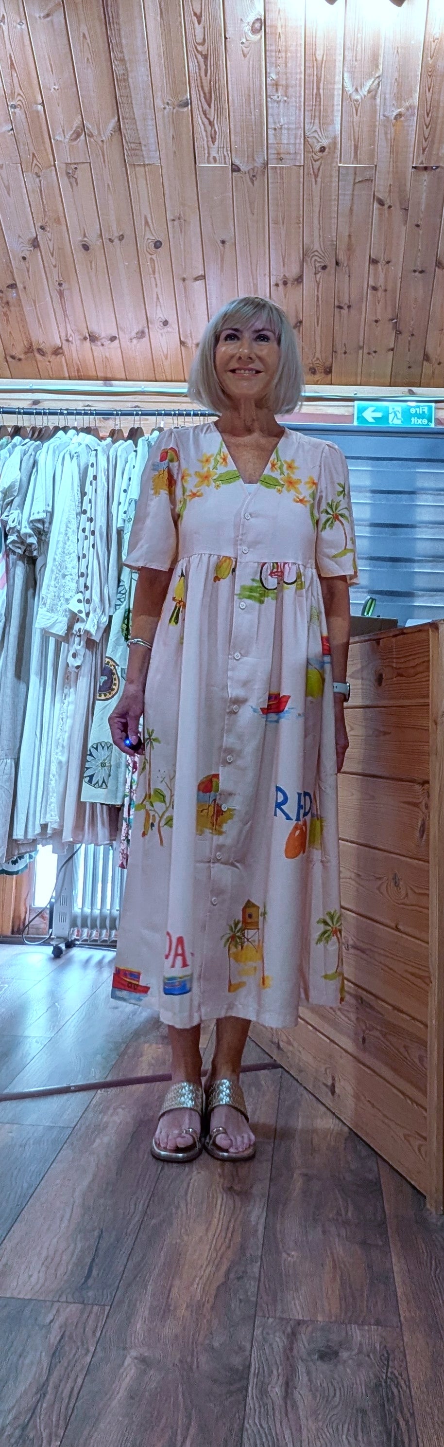 Women’s  Fiona colourful printed summer dress in ivory front view