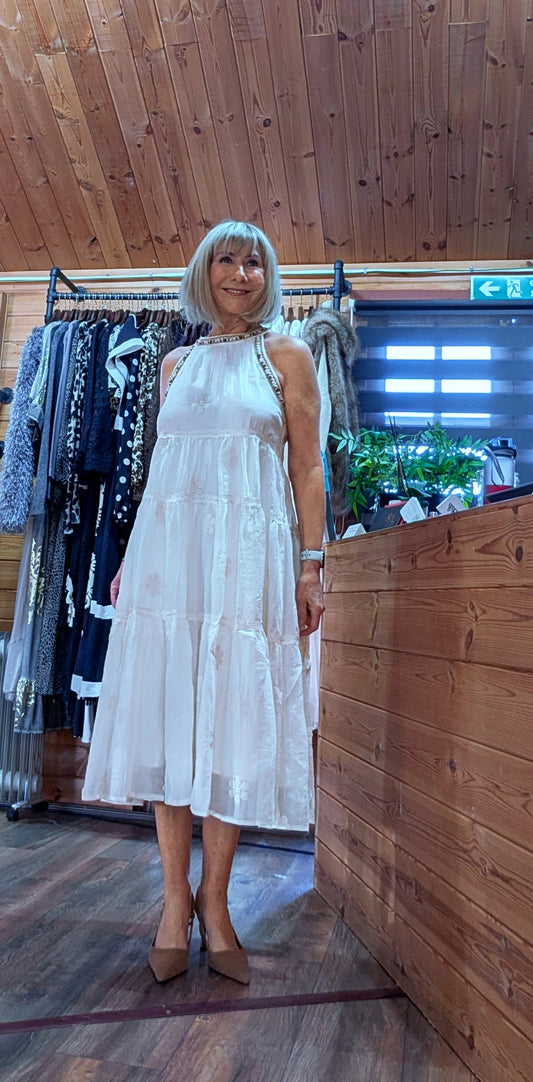 Kiki Ivory Midi Silk and Cotton Sleeveless  Dress