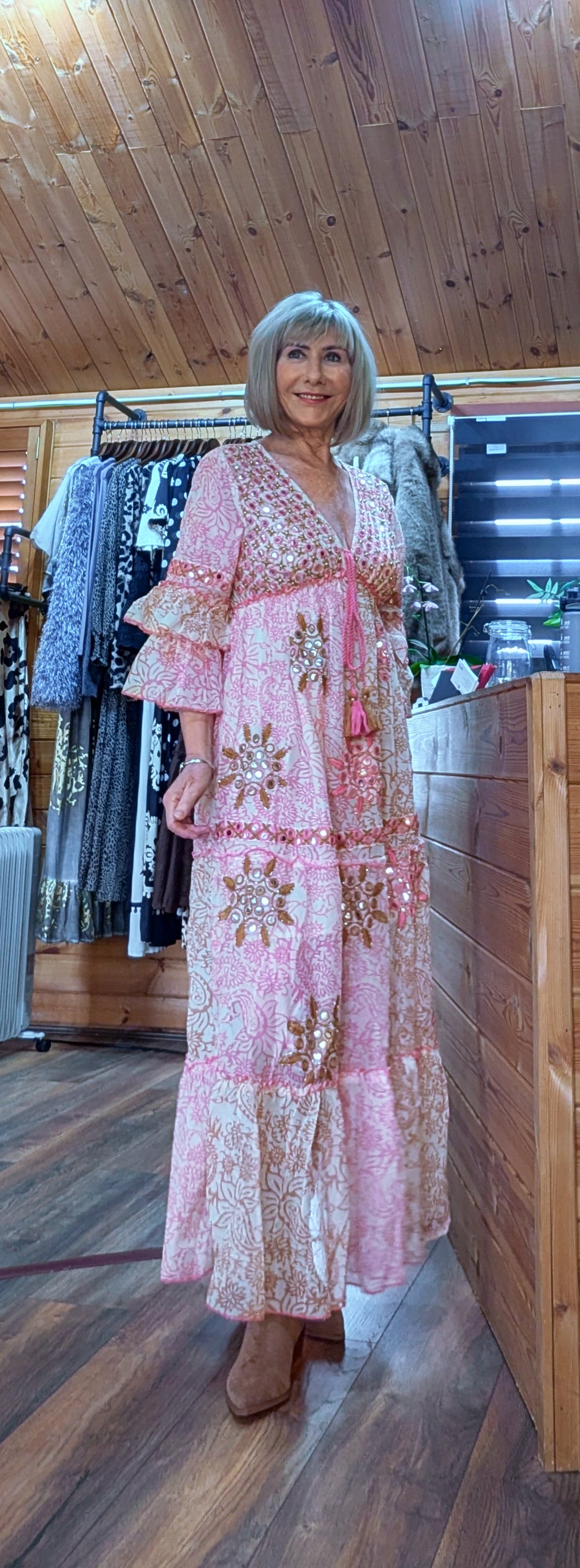 Clara Pink Boho Maxi Dress – Embroidered, Sequinned Made of  Cotton