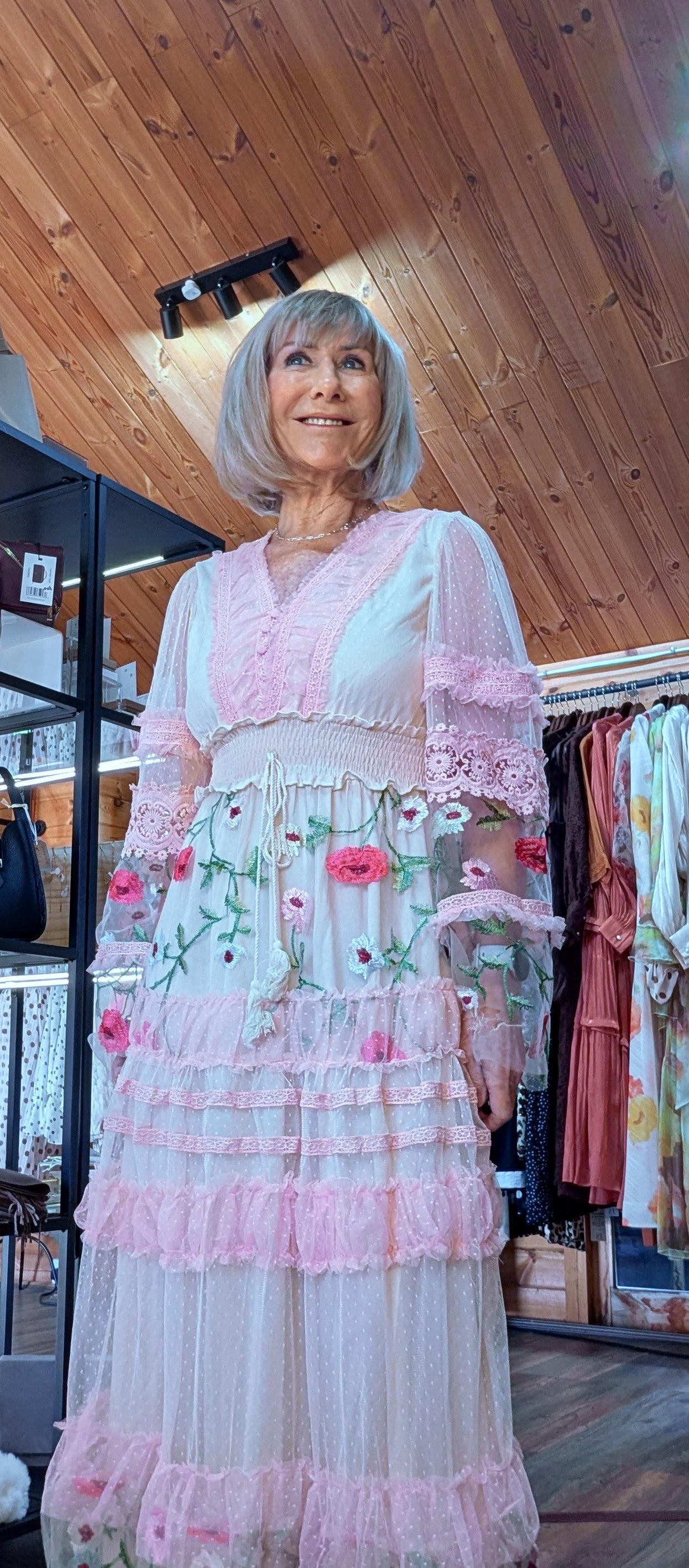 Stella Lace Bohemian Dress With Sheer Long Sleeves and Embroidery