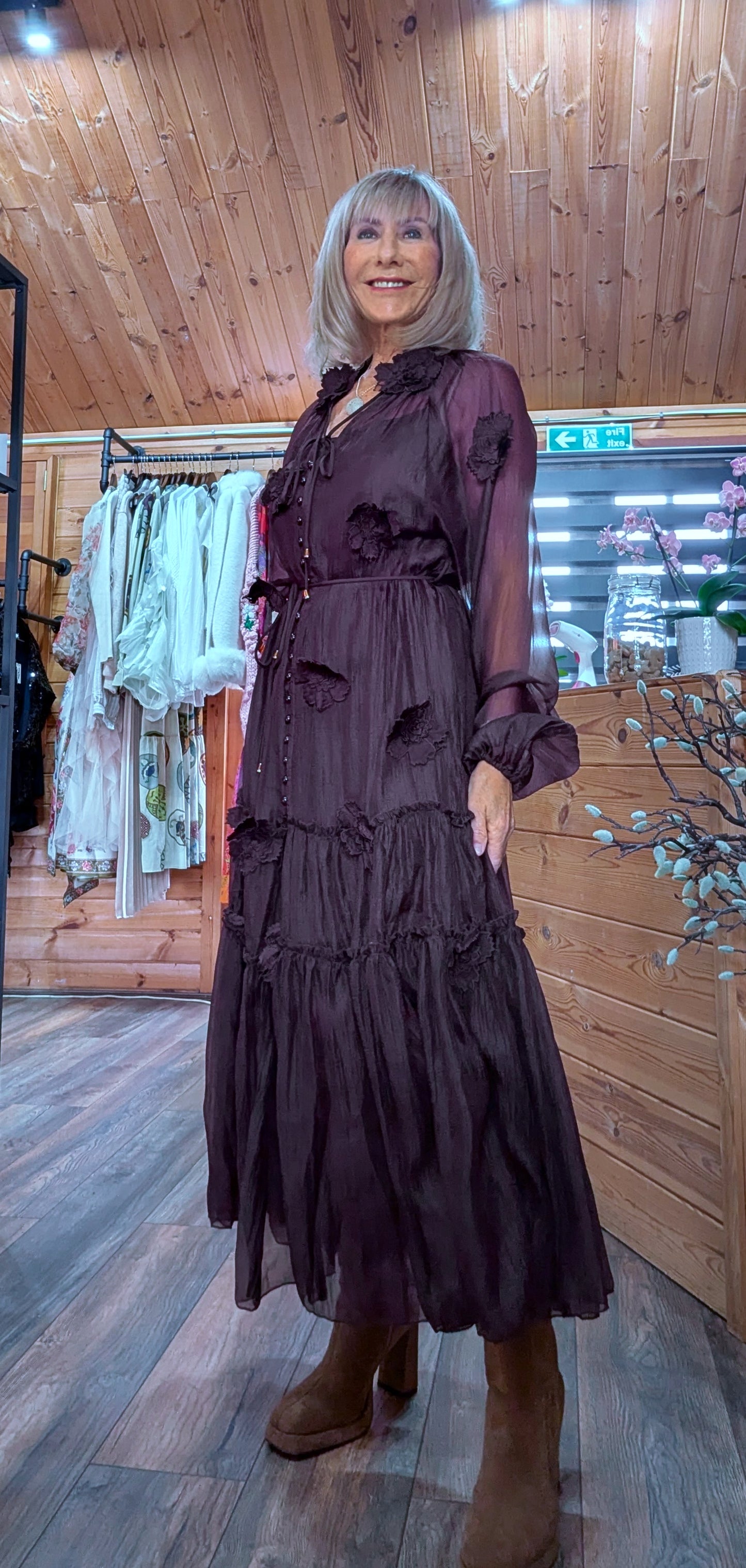 Gloria Coffee Tiered Dress – 3D Flowers -Tie Belt