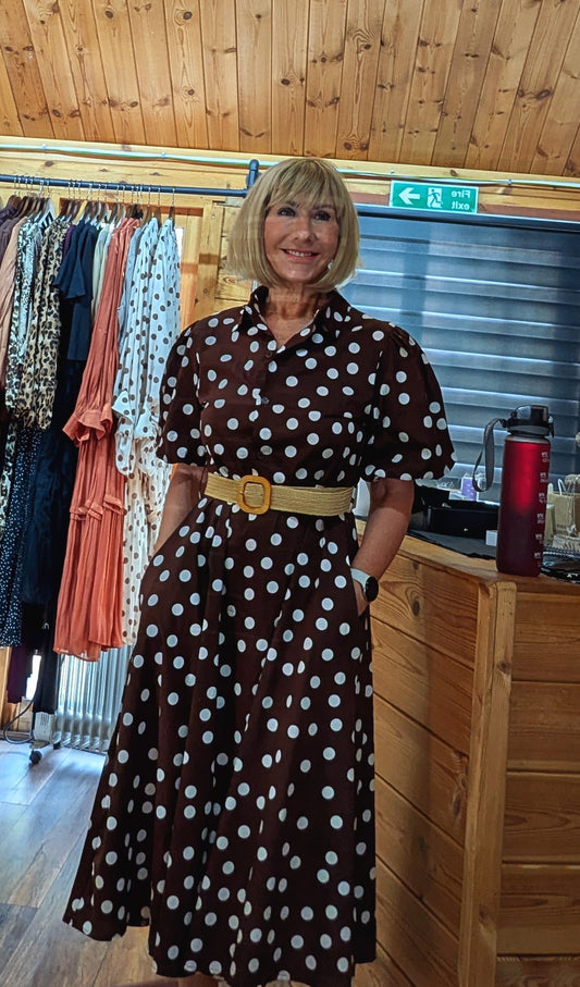 Front view of the Aoife brown spot-print dress with a collared neckline and matching belt.