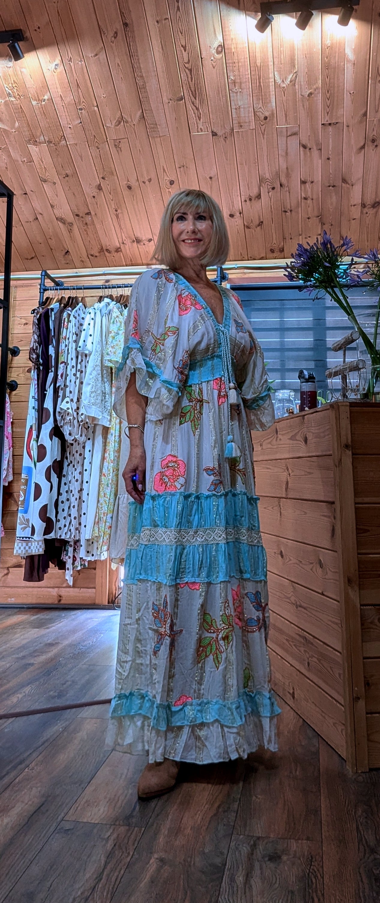 Side view of the Lucy floral maxi dress, available in UK sizes 8 to 14.