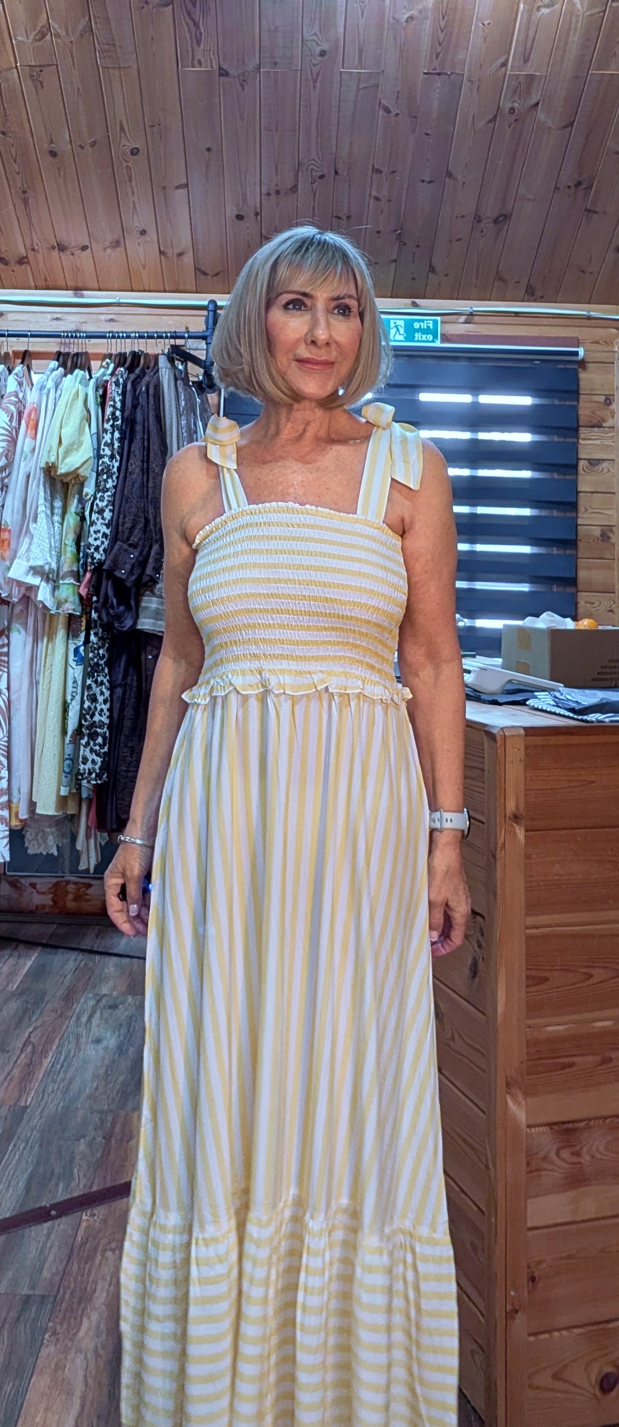 Yellow striped summer midi dress with frill hem