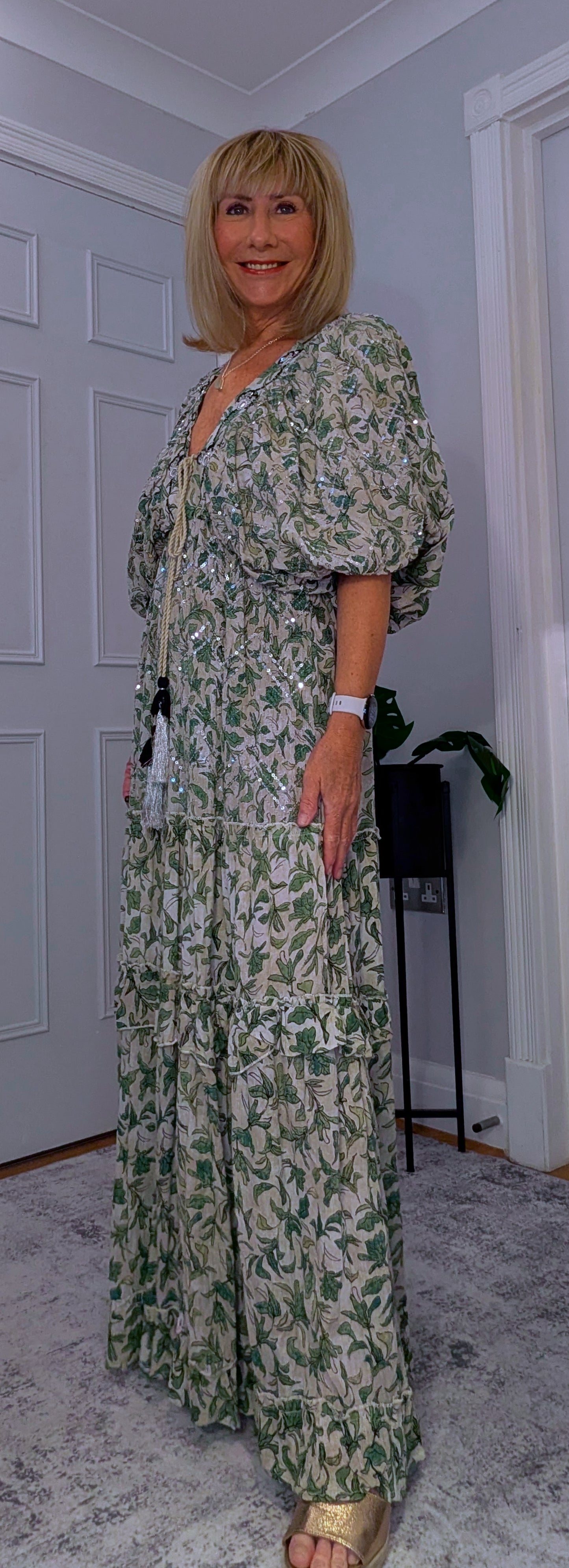 Delphi Embroidery Boho  Maxi Dress In Green with Tassel Ties and Sequins