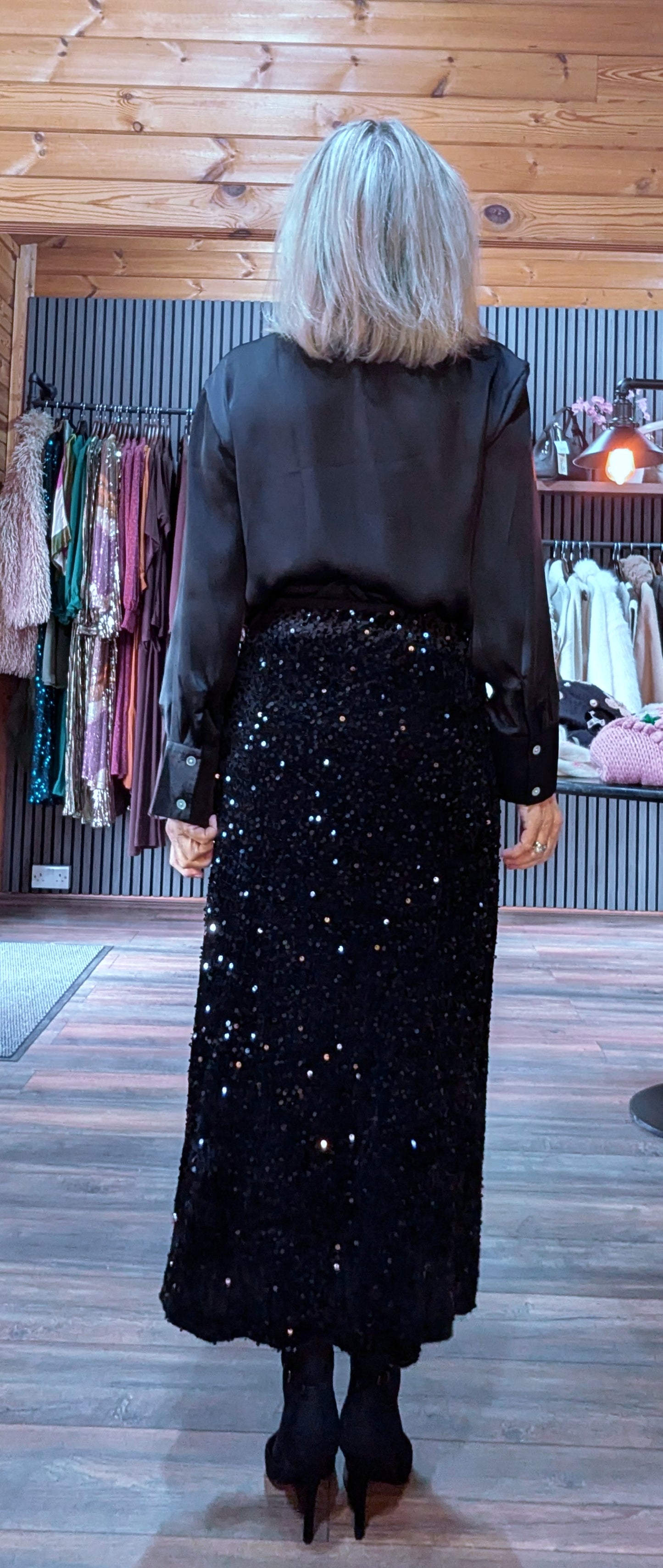 Astrid Sequin Bias Cut Skirt – Chocolate Brown/ Black with Silk Waistband