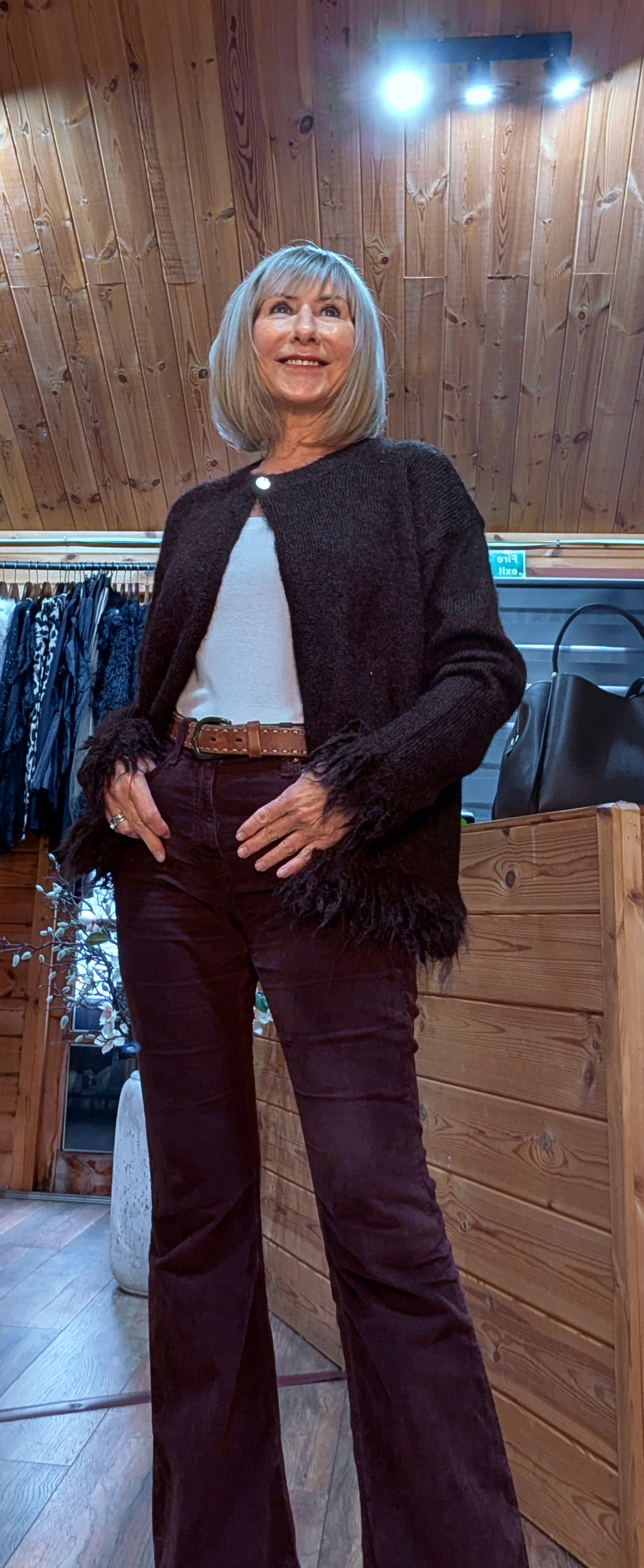 Button-less fringe soft  knit cardigan
