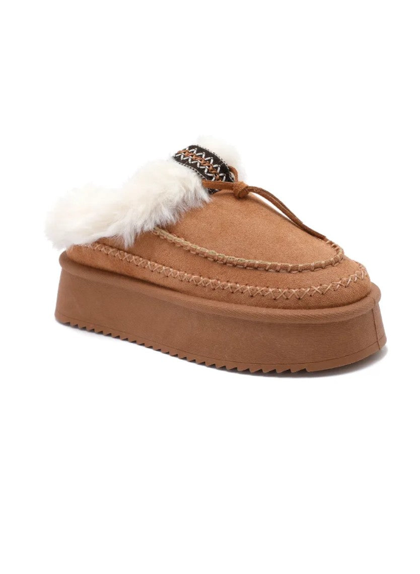Azeala camel slipper showing embroidered upper and chunky sole