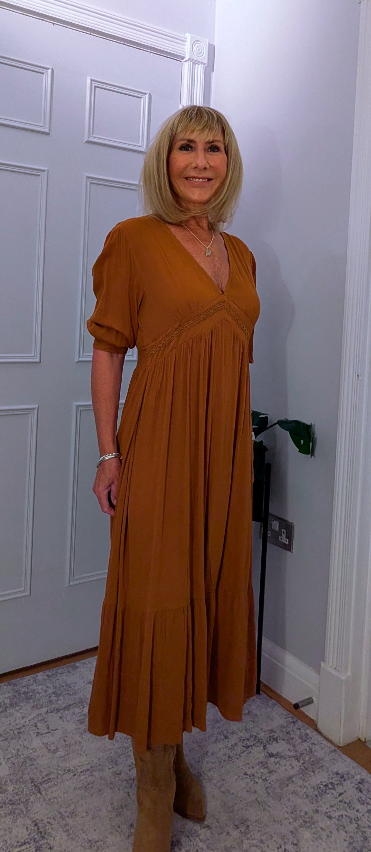 Paloma Prairie Smock Dress In Rust  Cotton with Embroidery Detail