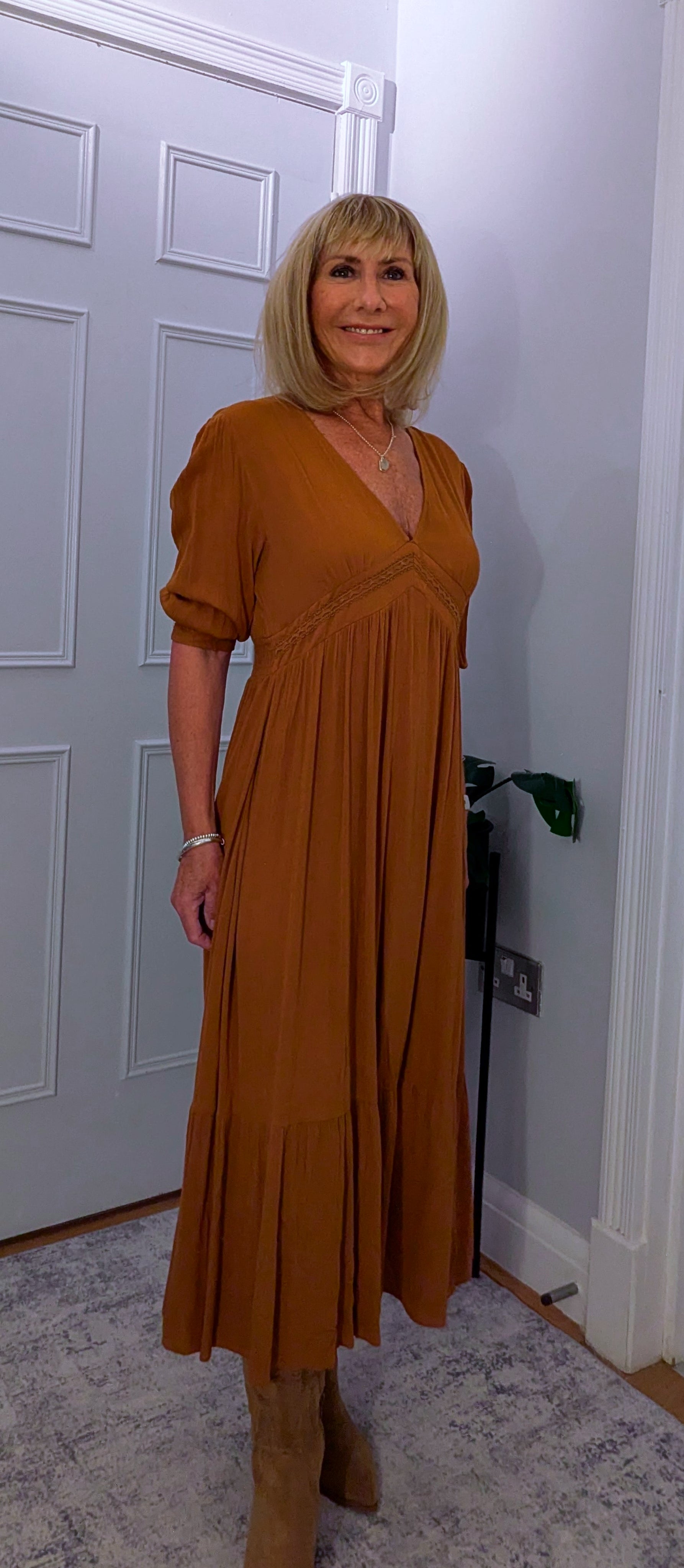 Paloma Prairie Smock Dress In Rust  Cotton with Embroidery Detail