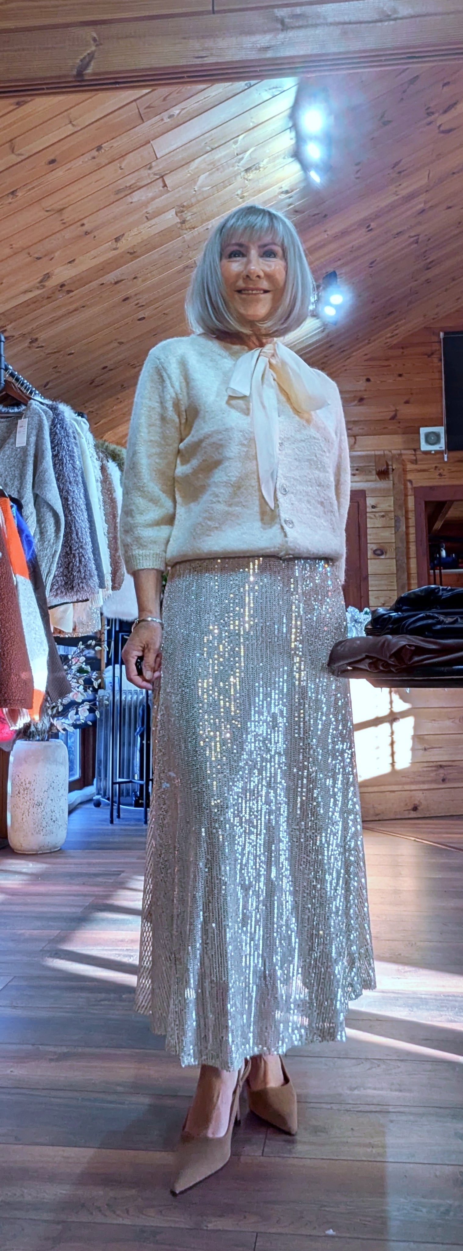Cher Gold Bias Cut Midi Sequin Skirt