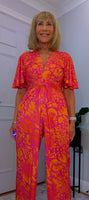 Justina Tropical Green - Fuchsia -Angel Sleeve Maxi Jumpsuit with Twist Detail