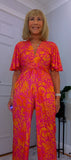 Justina Tropical Green - Fuchsia -Angel Sleeve Maxi Jumpsuit with Twist Detail