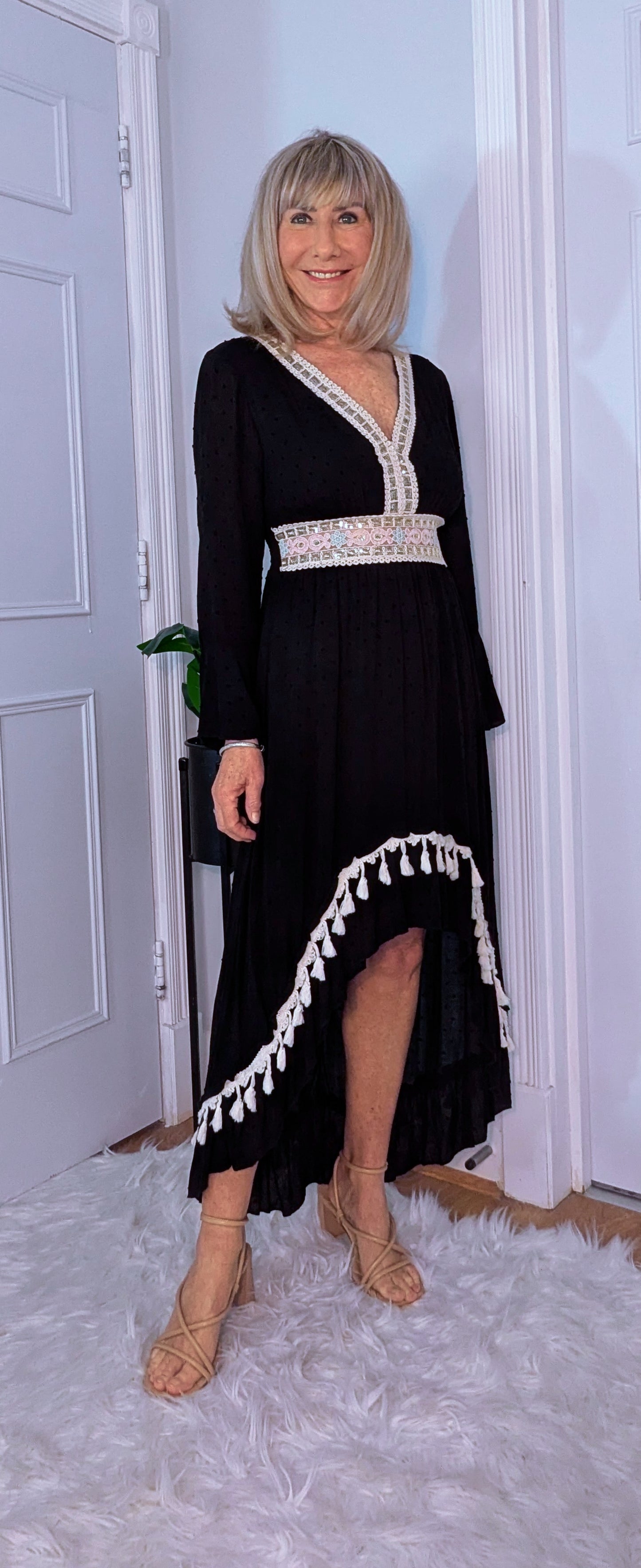 Philly High-Low Boho Dress – Black with Ivory  Pink Sequin Detail