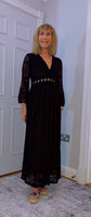 Pearl Lace Dress – Black Boho Style with Pagoda Sleeves & V-Neckline