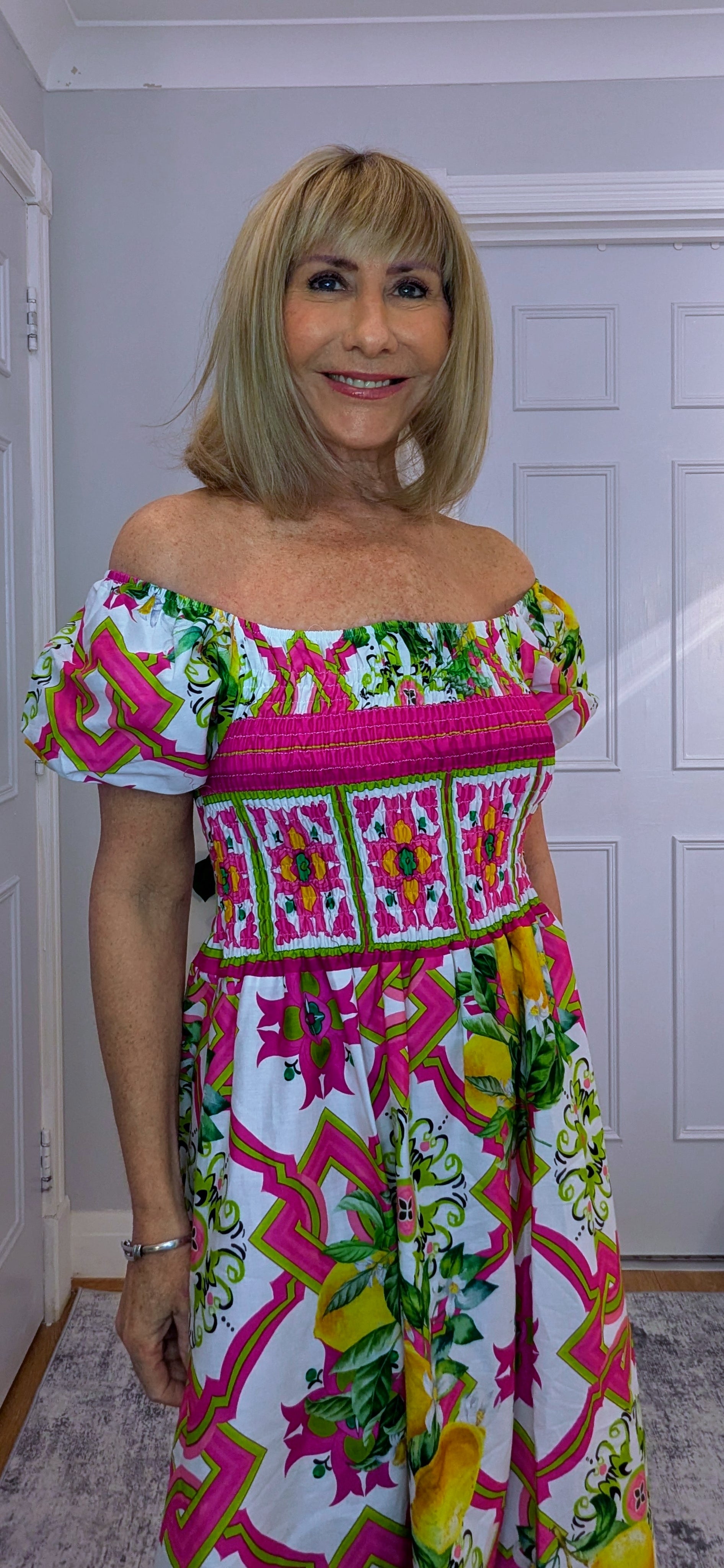 Blossom Bold Print Shirred Dresses On or Off Shoulder