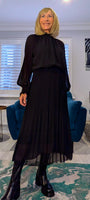 Zena Pleated Midi Dress – High Neck with Gold Button Detail