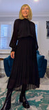Zena Pleated Midi Dress – High Neck with Gold Button Detail