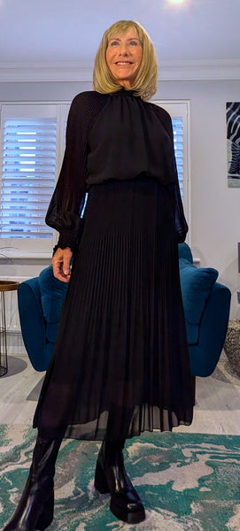 Zena Pleated Midi Dress – High Neck with Gold Button Detail