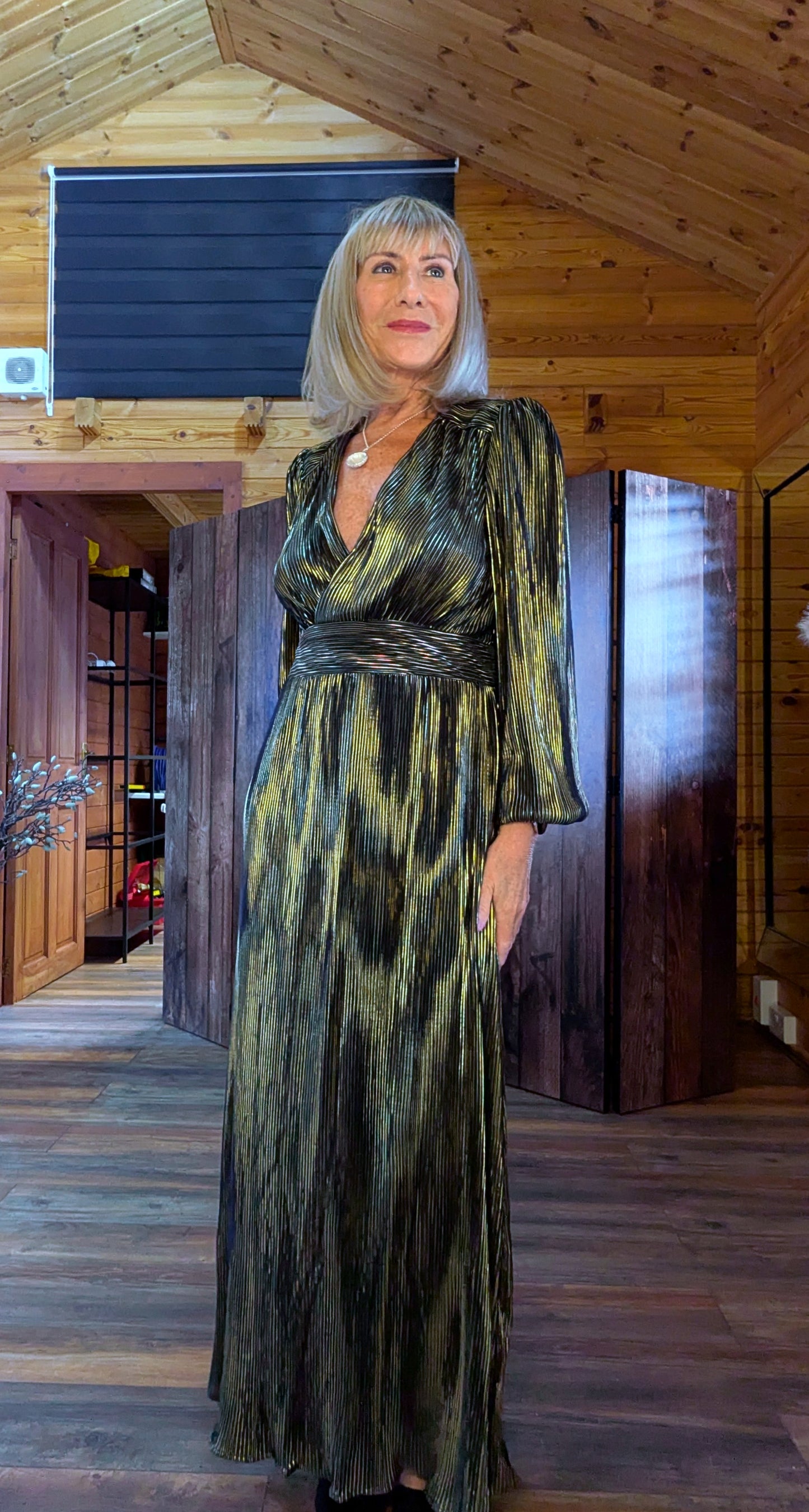 Donatella Gold and  Black Dress – Tailored Fit with Wrap Bust