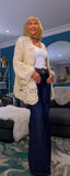 Dolly Grey Or Cream  Chunky Knit Cardigan – 3D Flower Border & Pagoda  Sleeves