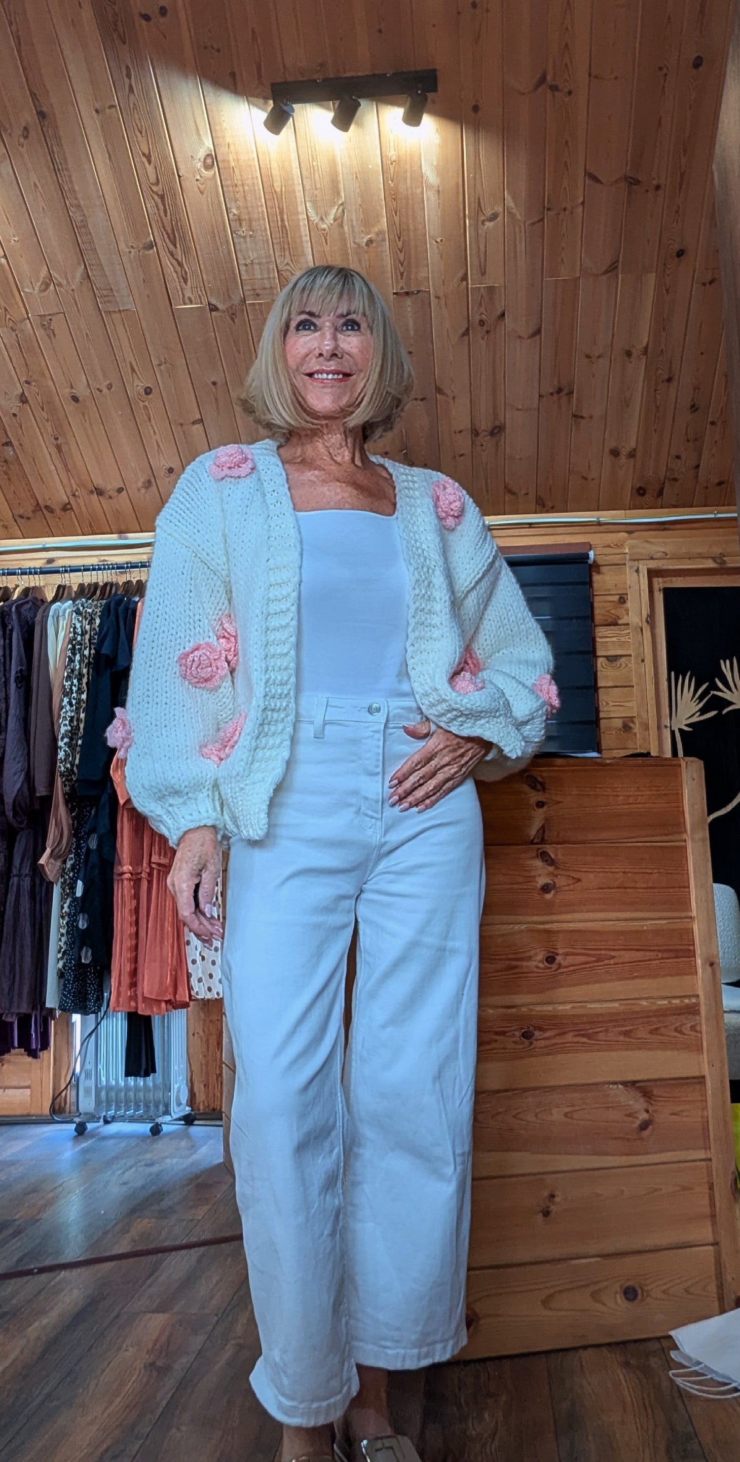 Rose cream knitted cardigan with pink floral appliqué detail and balloon sleeves