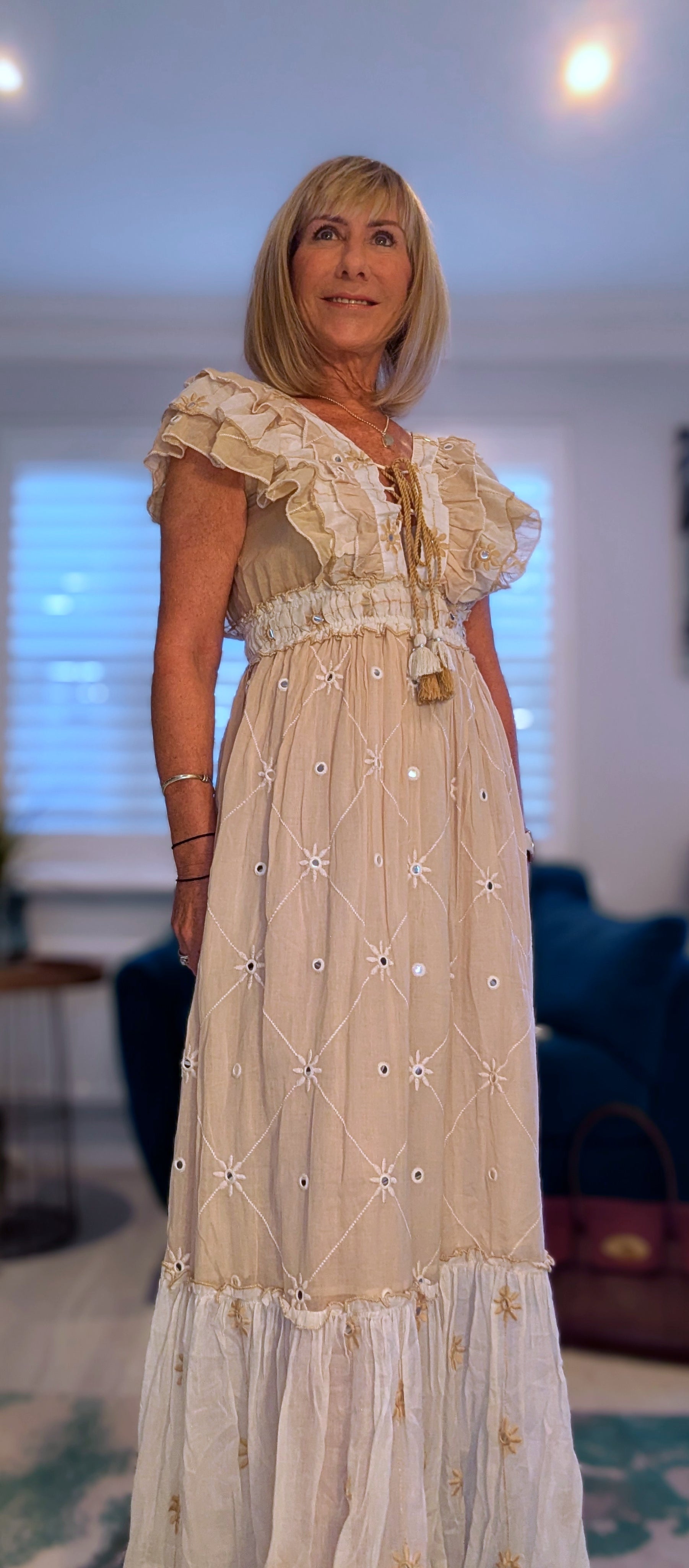 Thea Bohemian Dress in Cream and White with Tassels