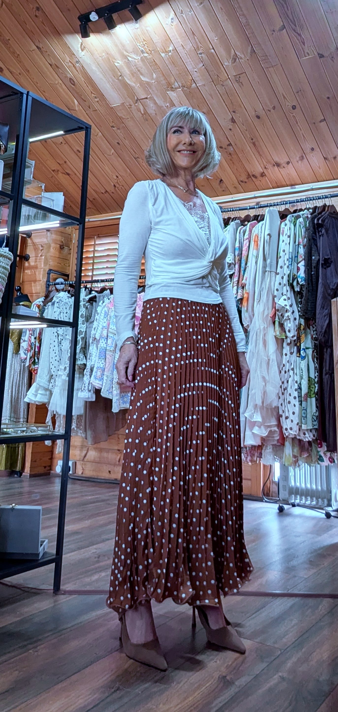Trinny pleated polka dot skirt in caramel worn with Florrie ruched top