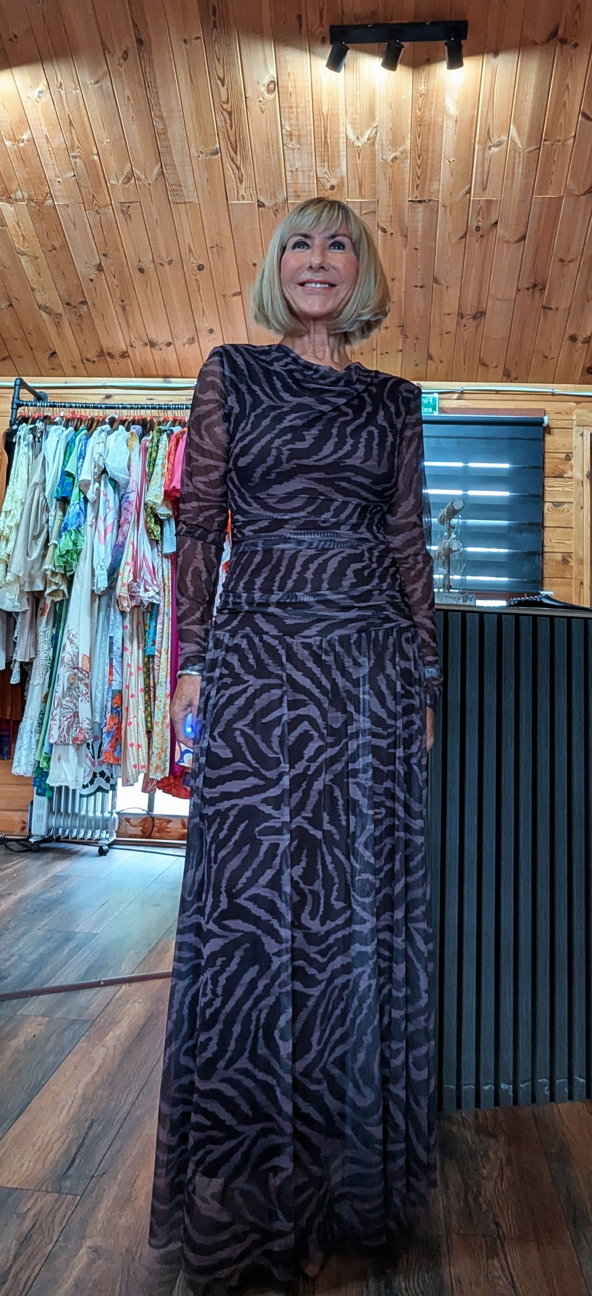 Waverley chocolate animal print maxi dress with long sleeves