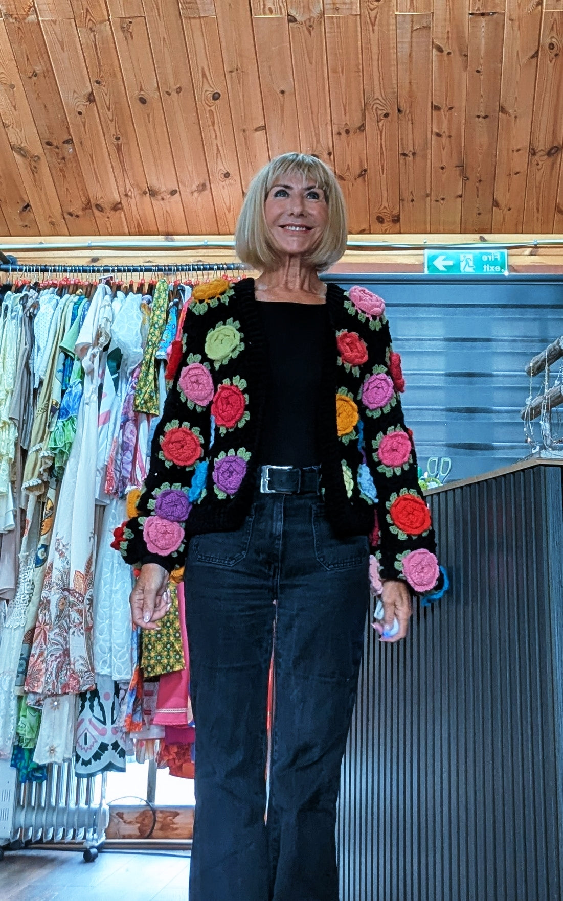 Ditsydi wearing Ora black crochet cardigan with balloon sleeves 