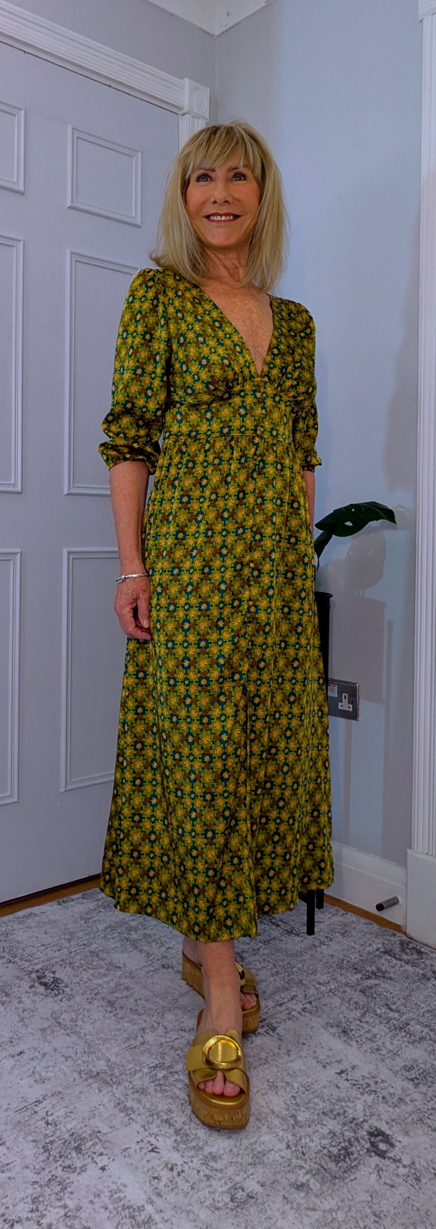 Allegra  Midi Dress in Olive Green and Gold With Tie Back