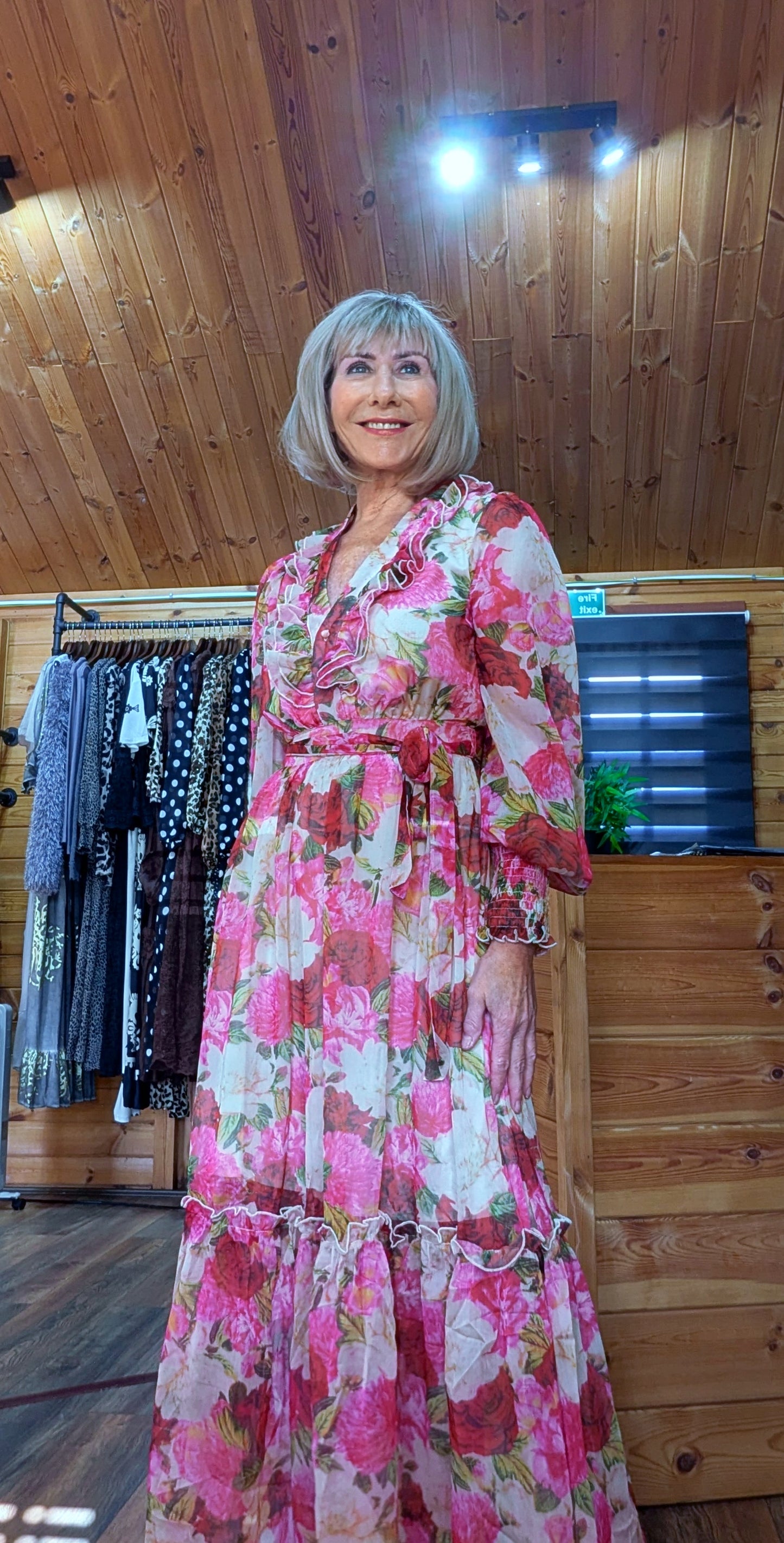 Luna Floral Crepe Maxi Dress in Pink- Green with Frill V-Neck