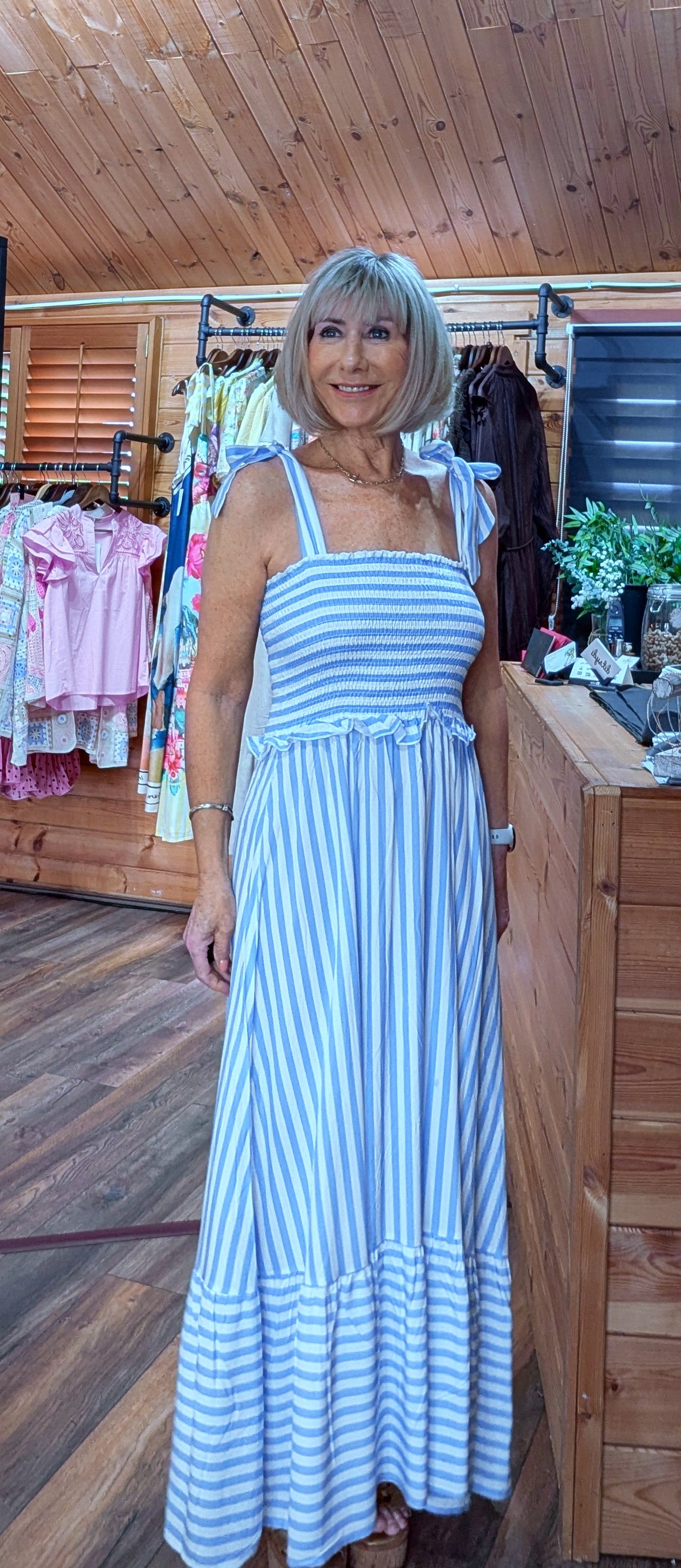 Close up of Aurora striped sundress styled by ditsydi