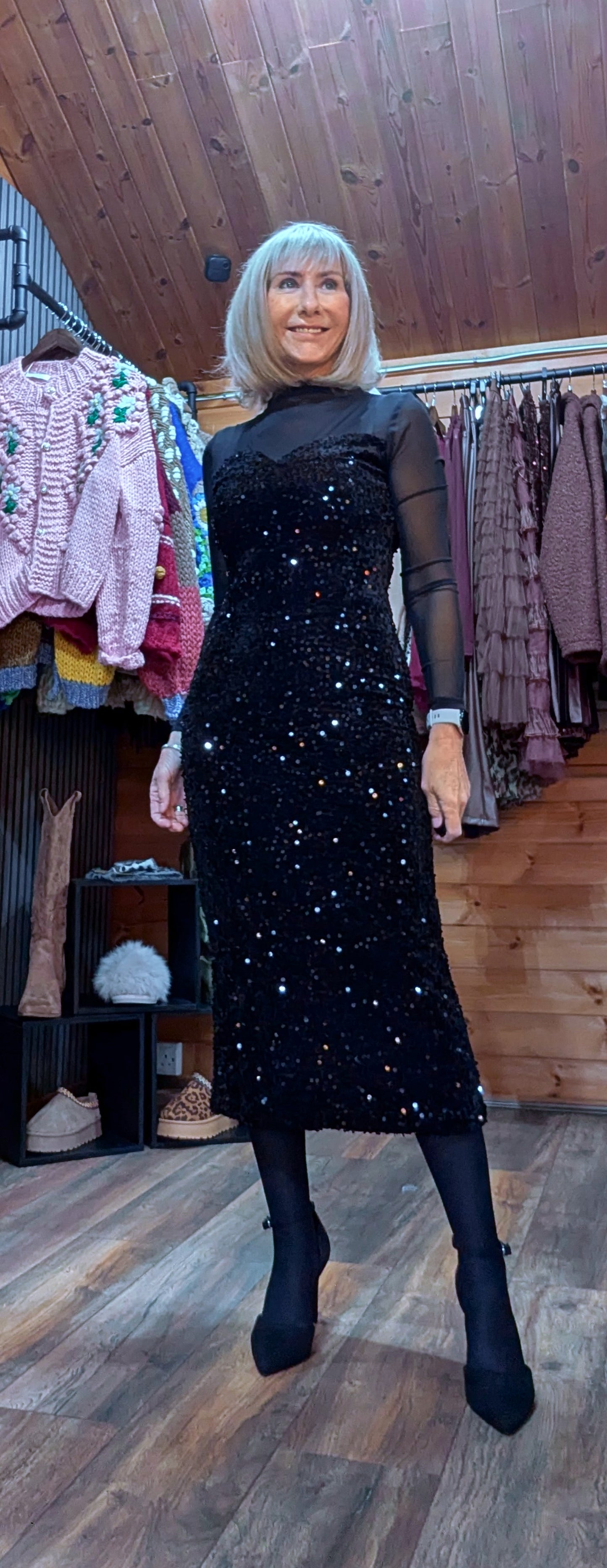 Audrey Sheer High-Neck Dress – Velvet Feel with Sequin Detail Black