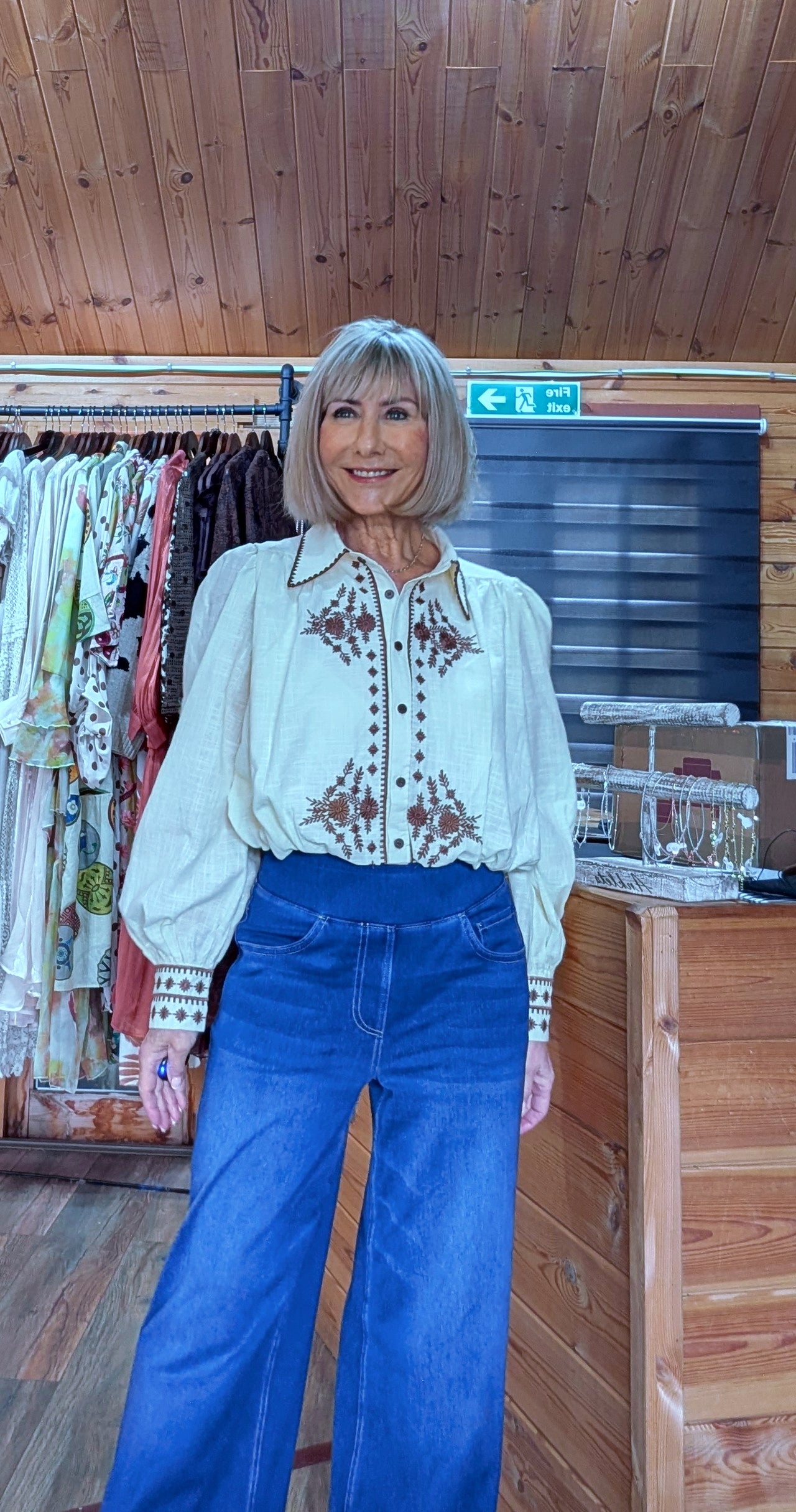Cream and brown embroidered shirt for women with bubble hem