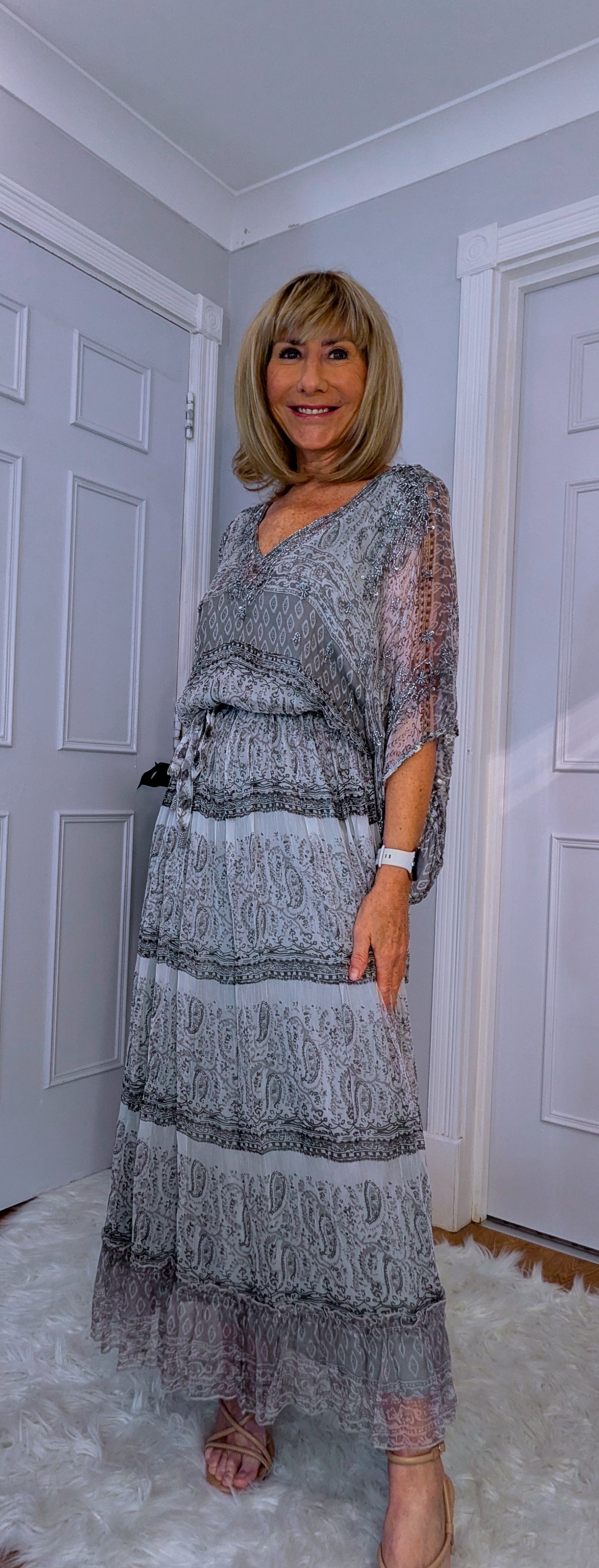 Tatiana Silver Beaded and Embroidery Statement  Summer Dress