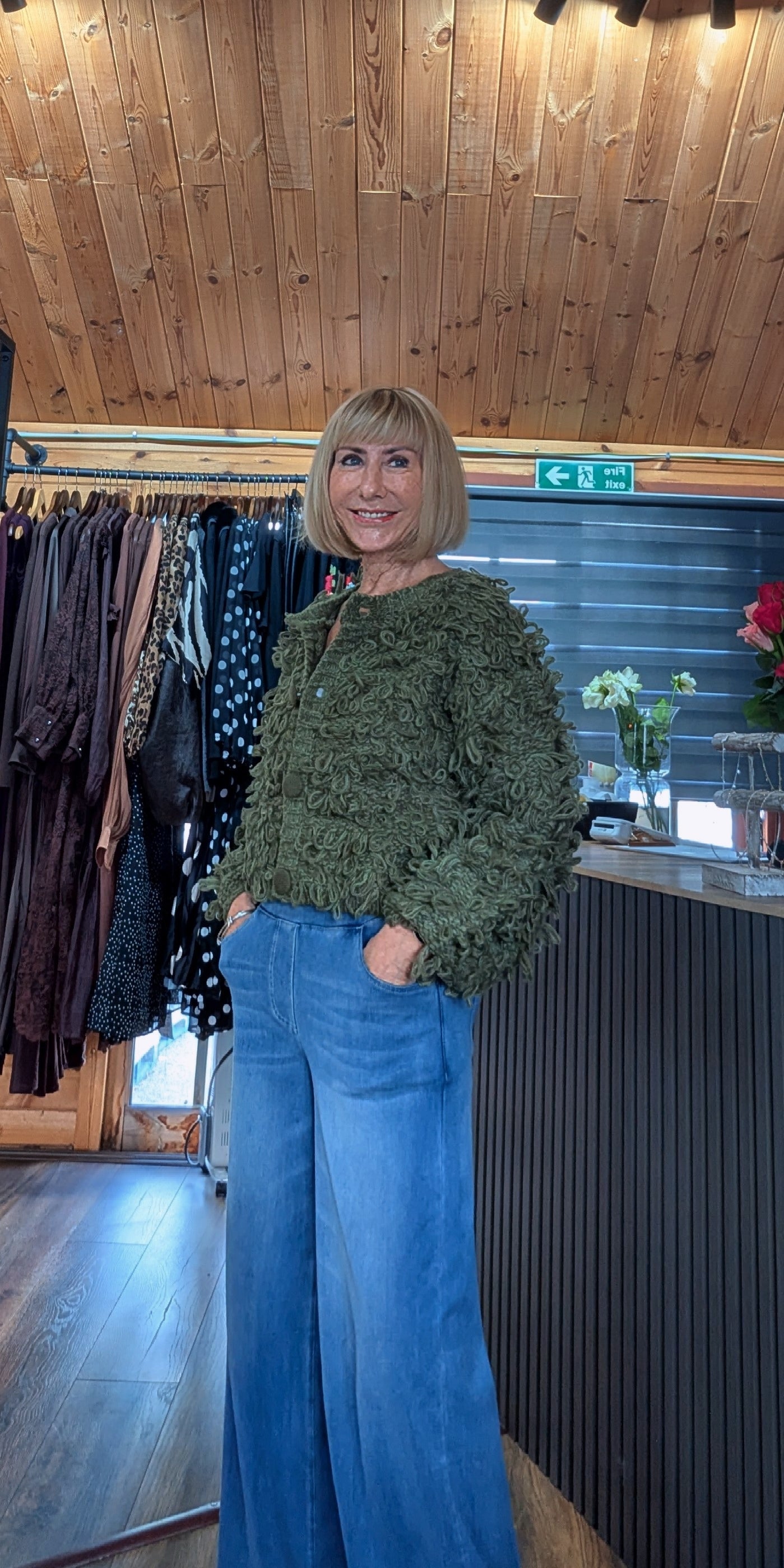 Dahlia green textured jumper with round neckline