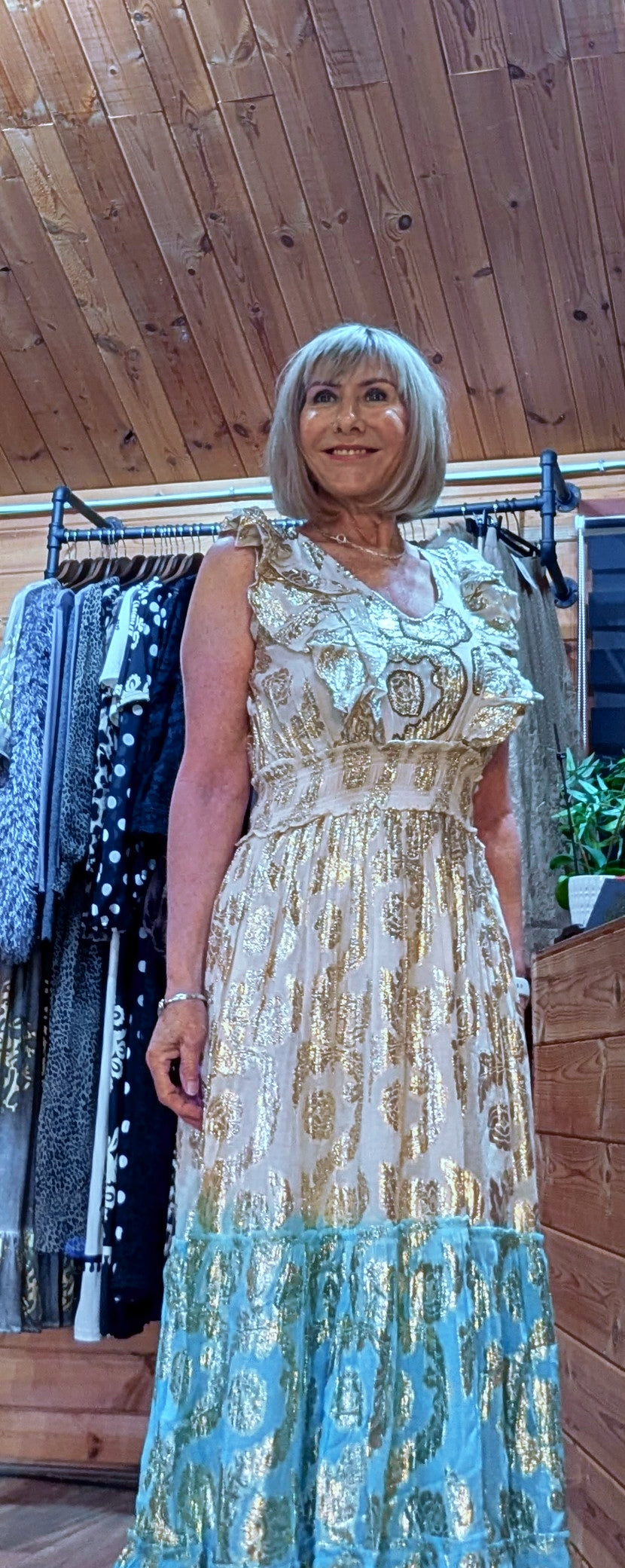 Gianna Boho Maxi Embossed  Dress Turquoise Or  Gold