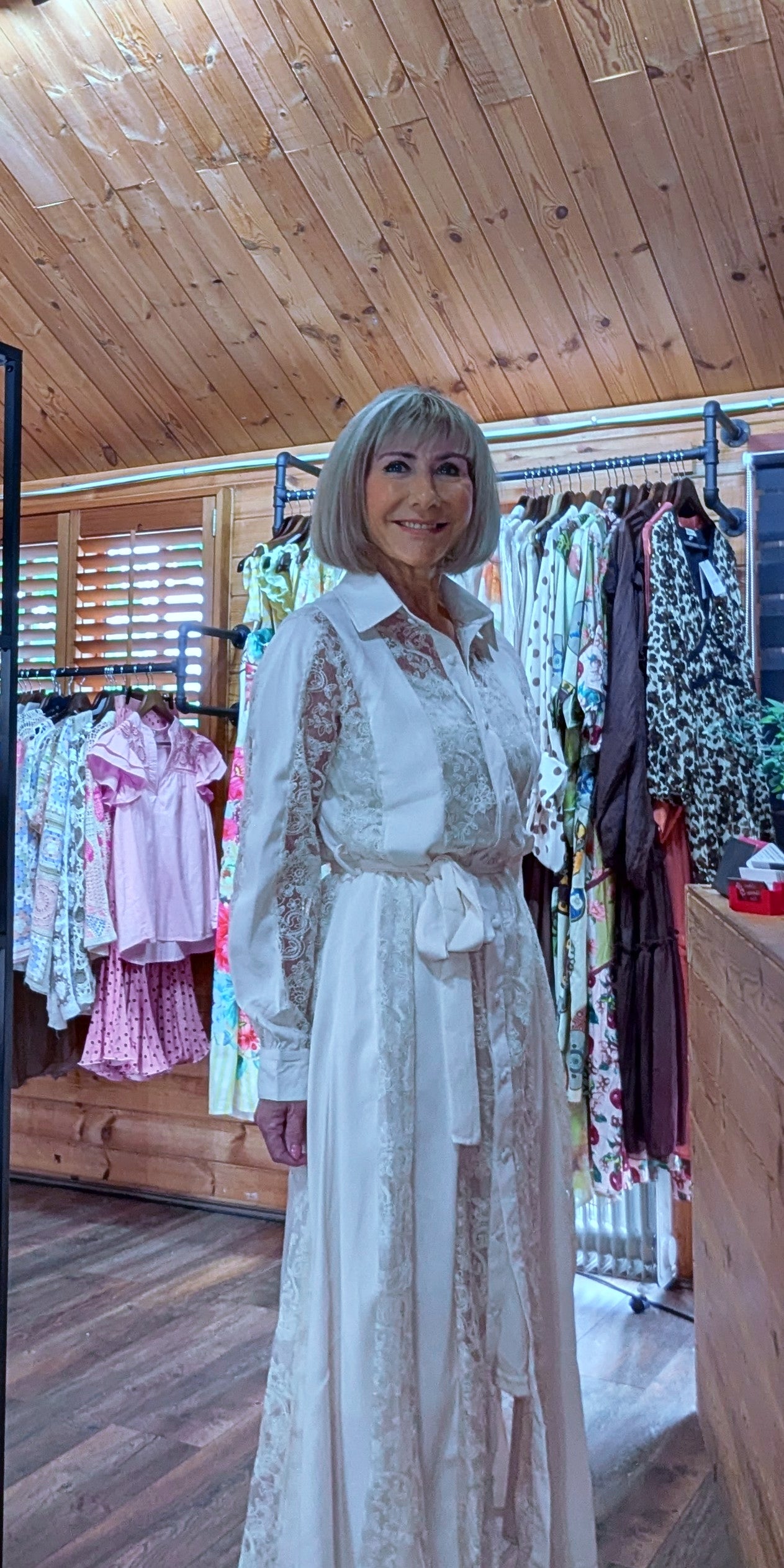 Dressy lace dress in ivory UK boutique with silky panelling