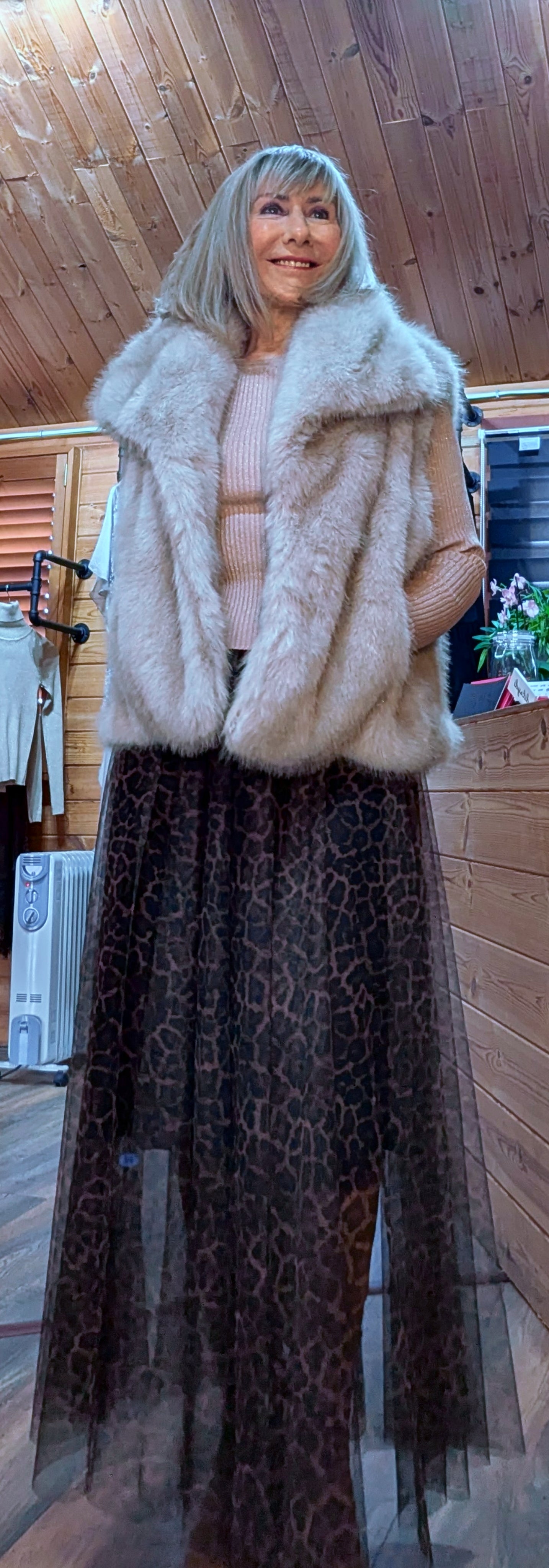 Callista Leopard Print Tulle Skirt – Fully Lined - FlowyCoco Collared Faux Fur Gilet –Taupe/Soft Beige