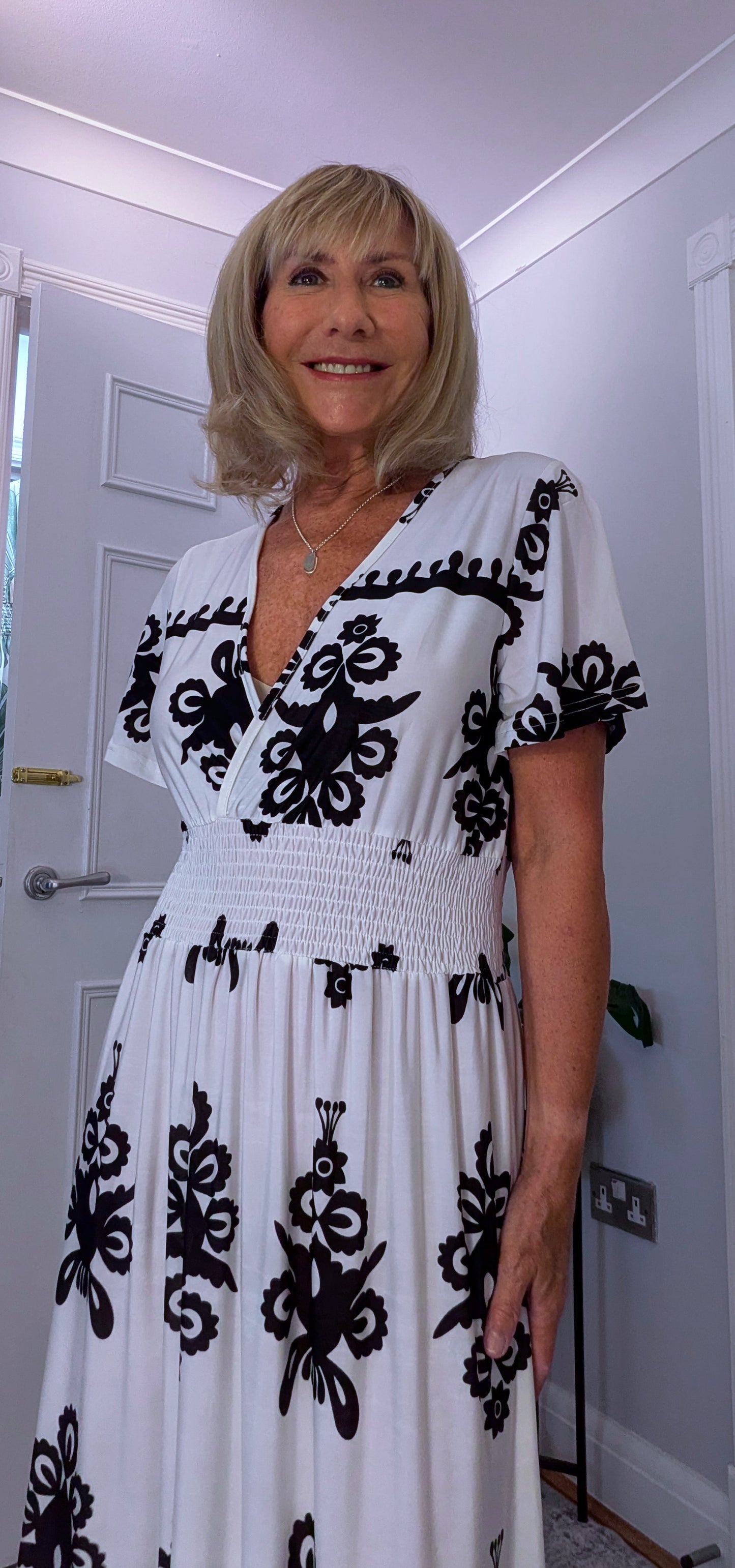 Elissa Dress Soft Jersey in  Bold Print With Shirred Waist White
