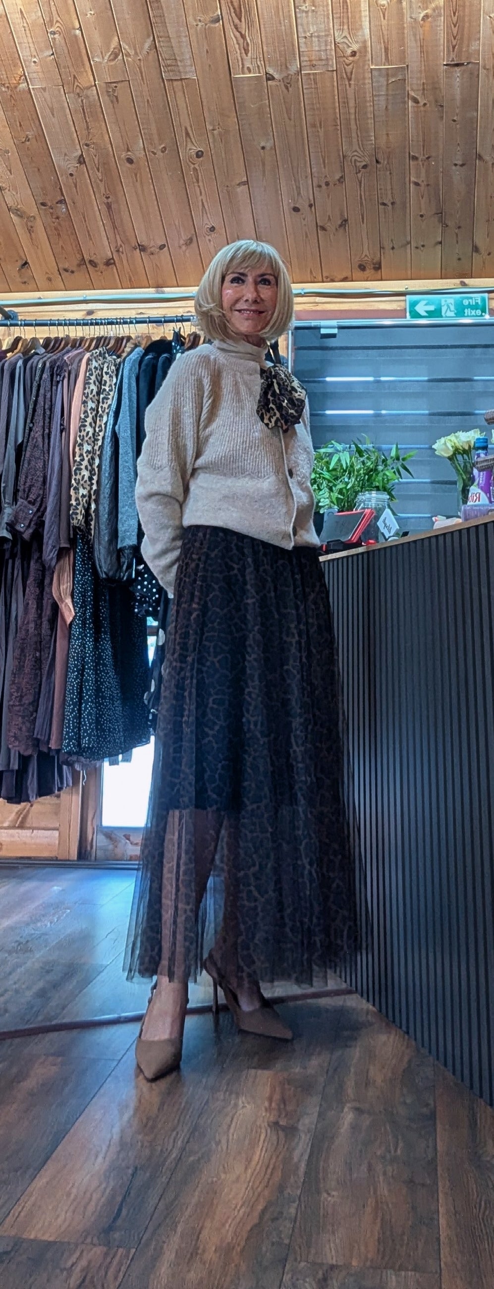 Georgina cream knitted cardigan with leopard-print bow