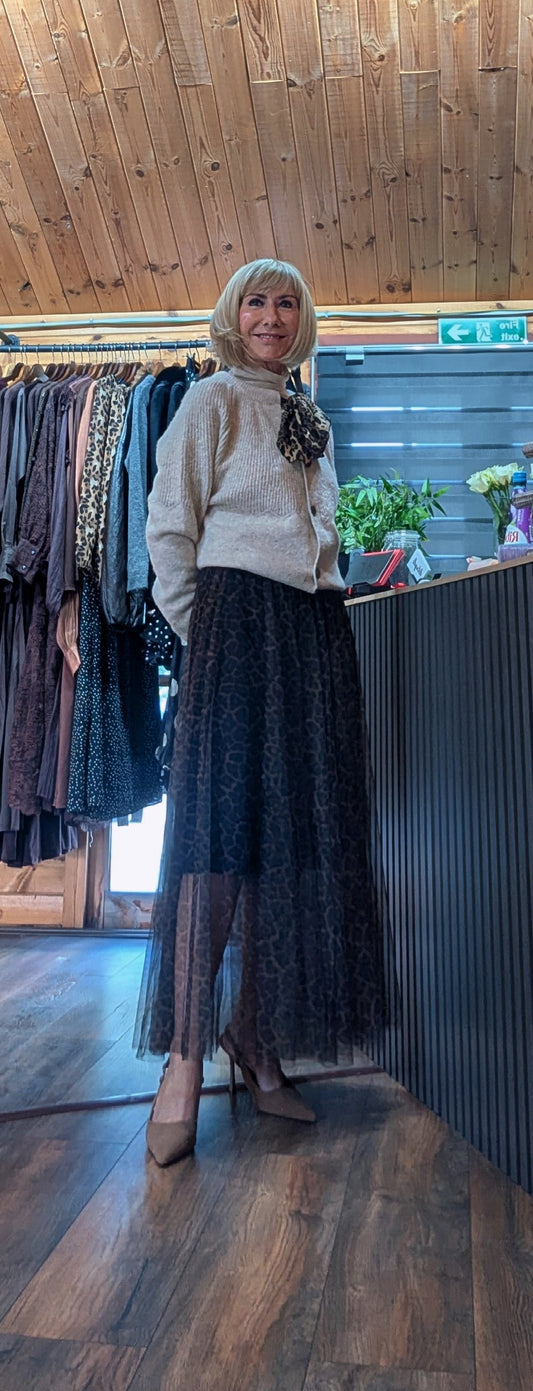 Georgina cream knitted cardigan with leopard-print bow