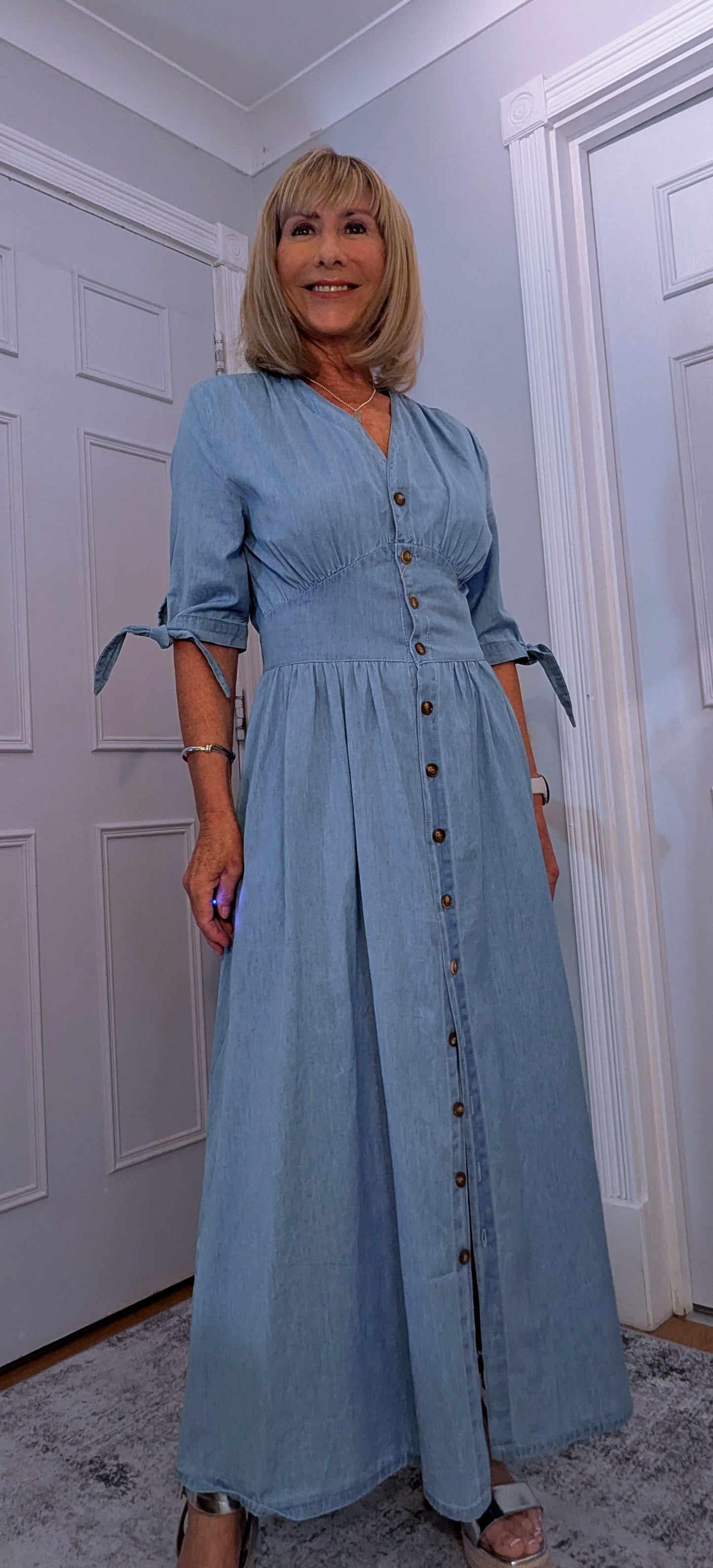 Binty Blue Denim Shirt Midi Dress Cottage Core Style