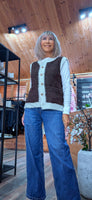 Colleen Sleeveless Cardigan – Cocoa with Ivory Border & Gold Buttons