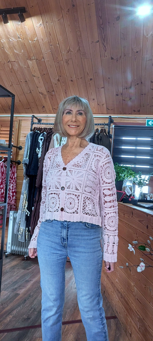 Fia Crochet Cardigan in Pink -Vintage Style Button Front