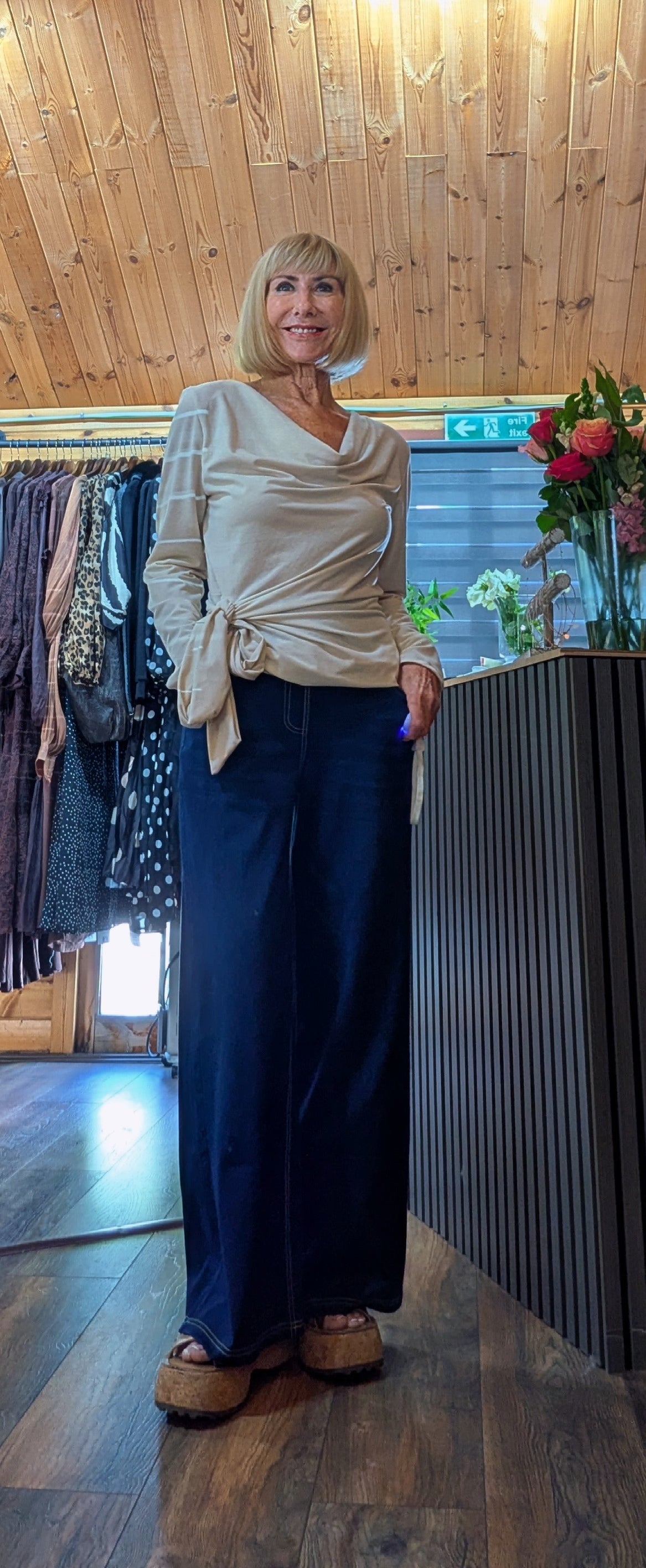 Women’s beige asymmetric top with soft draped neckline UK boutique