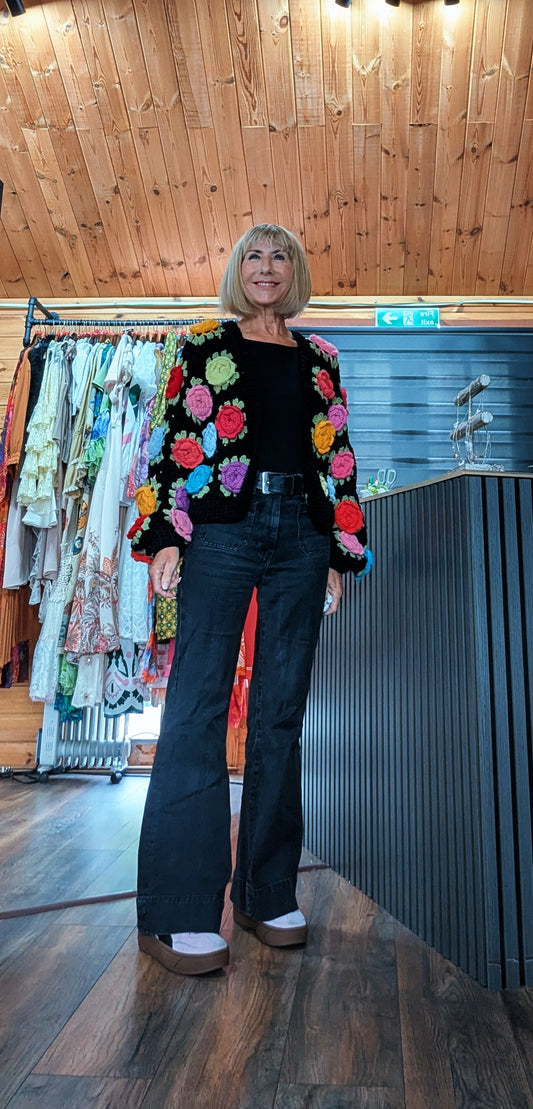 Ora black crochet cardigan with colourful 3D floral detailing
