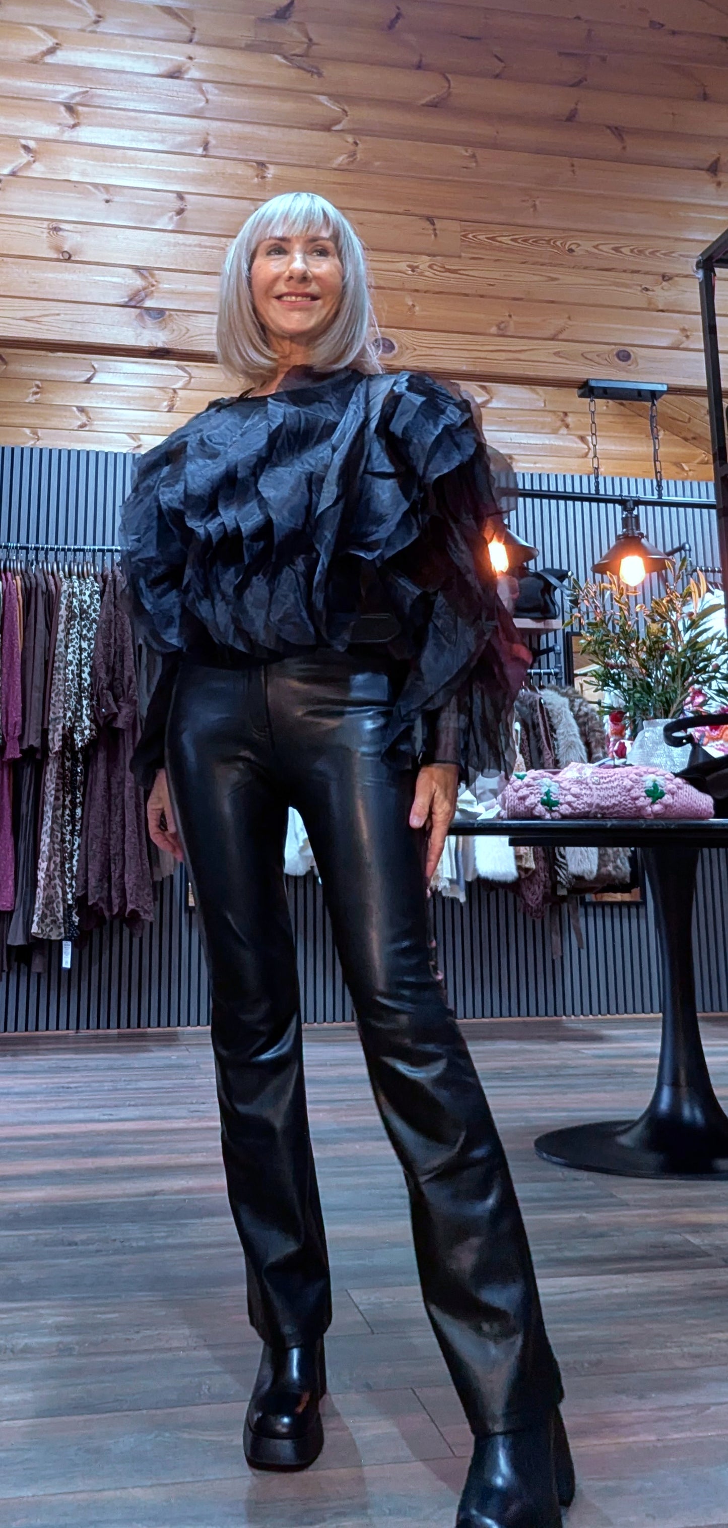 Prunella Black Ruffle Blouse – Tie Neck -Balloon Sleeves